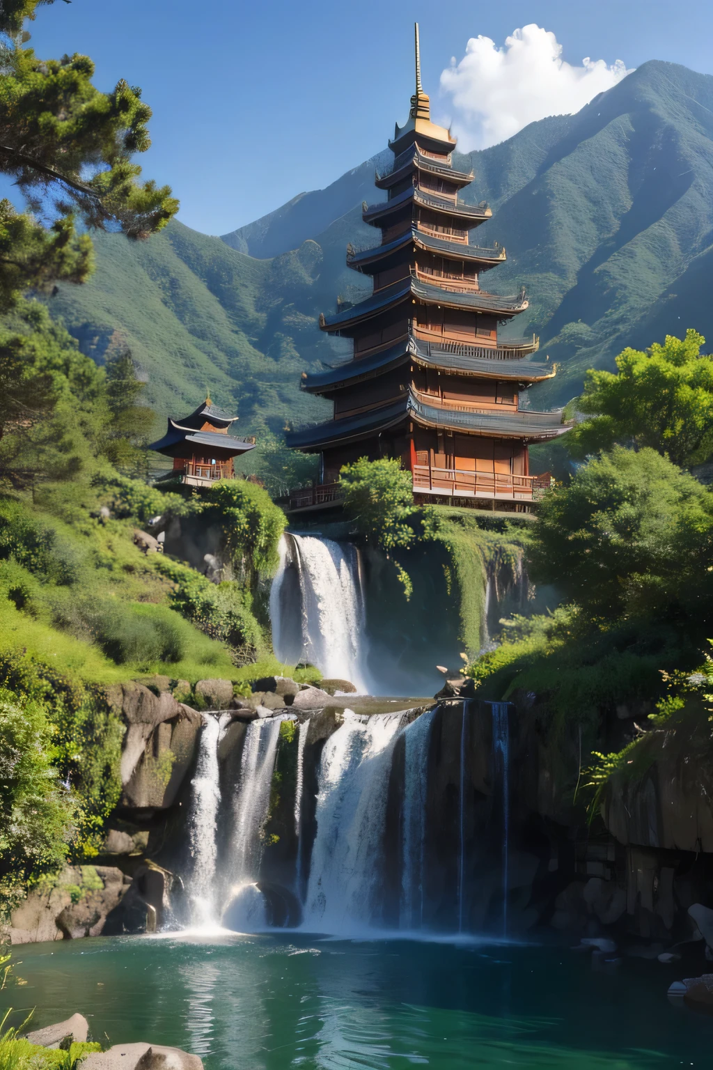 2. Mountain View,There are waterfalls and pagodas in the middle, Han Gan's paintings, CG Club Contest Champion, Fantasy Art, Dreamy Chinatown, Chinese scenery, Chinese Fantasy, Composed of trees and fantasy valley, Ancient city landscape, Order an impressive fantasy landscape, The most magnificent scenery, Pagoda on the mountain, Mountain jungle environment, Avatar Landscape, Chinese Village.