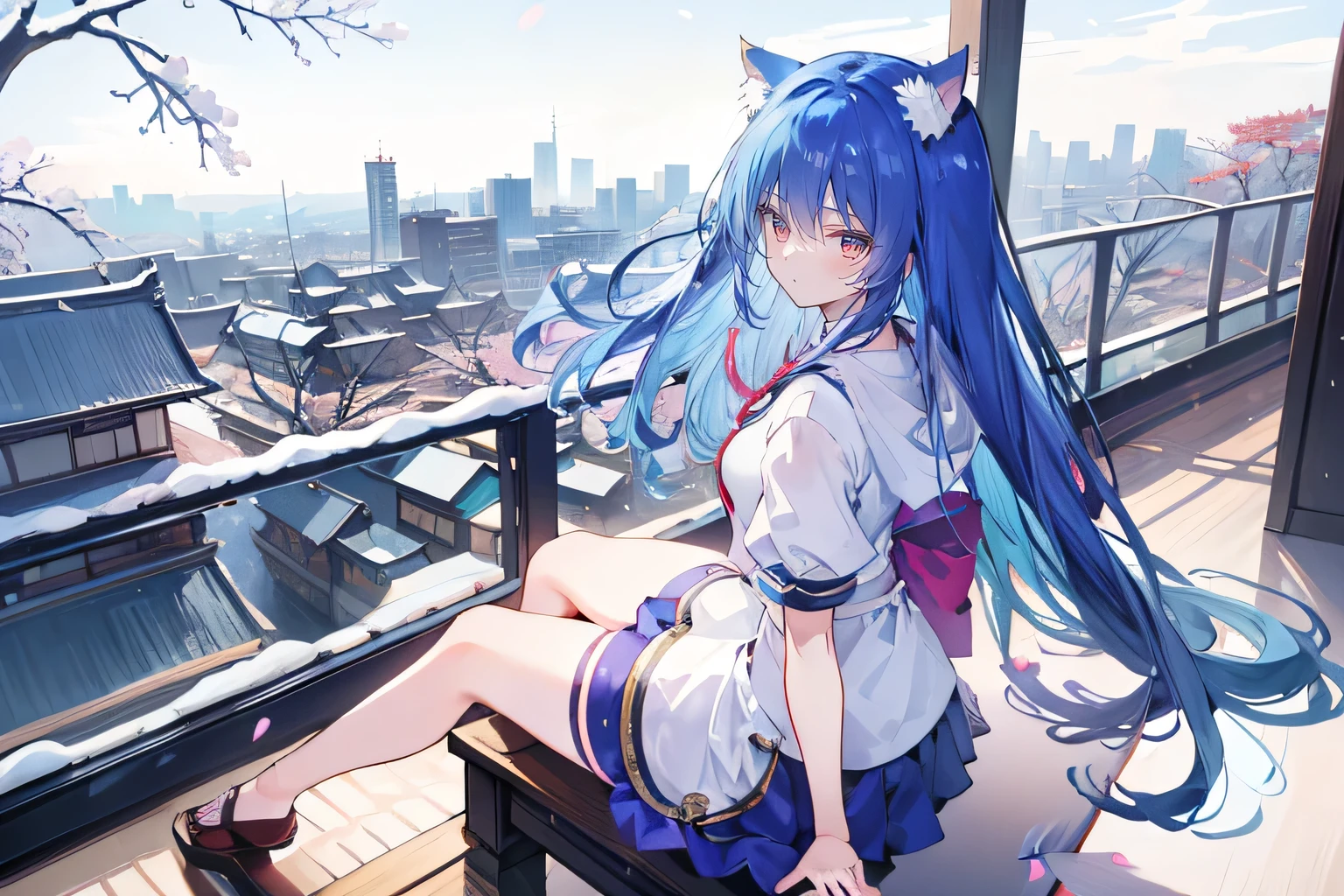 （masterpiece：1.2），Super detailed，lifelike，Expressive eyes，fair skin，perfect face shape，1 girl，
Japanese comics,Gorgeous blue hair,flowing blue hair,flowing clothes,Cat ears,Petals fall,beautiful lola,Baby Angel,sunrise,
Cross your legs，Gentle and peaceful background，The pavilion is cool and comfortable,smile, wearing hoodie, background of tokyo,back views,snowing, winter.