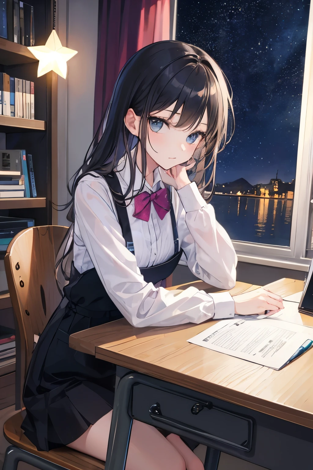 girl working on a desk and bright stars at the background night