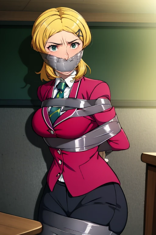 1 girl, blonde hair, medium hair, wavy hair, , improvised gag, tape gag, gagged, duct tape, tape bondage, arms behind back, bound arms, large breast, , blazer, tie, classroom, cowboy shot, looking at viewer, hair clip,