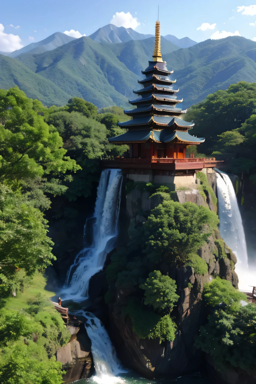 2. Mountain View,There are waterfalls and pagodas in the middle, Han Gan's paintings, CG Club Contest Champion, Fantasy Art, Dreamy Chinatown, Chinese scenery, Chinese Fantasy, Composed of trees and fantasy valley, Ancient city landscape, Order an impressive fantasy landscape, The most magnificent scenery, Pagoda on the mountain, Mountain jungle environment, Avatar Landscape, Chinese Village.