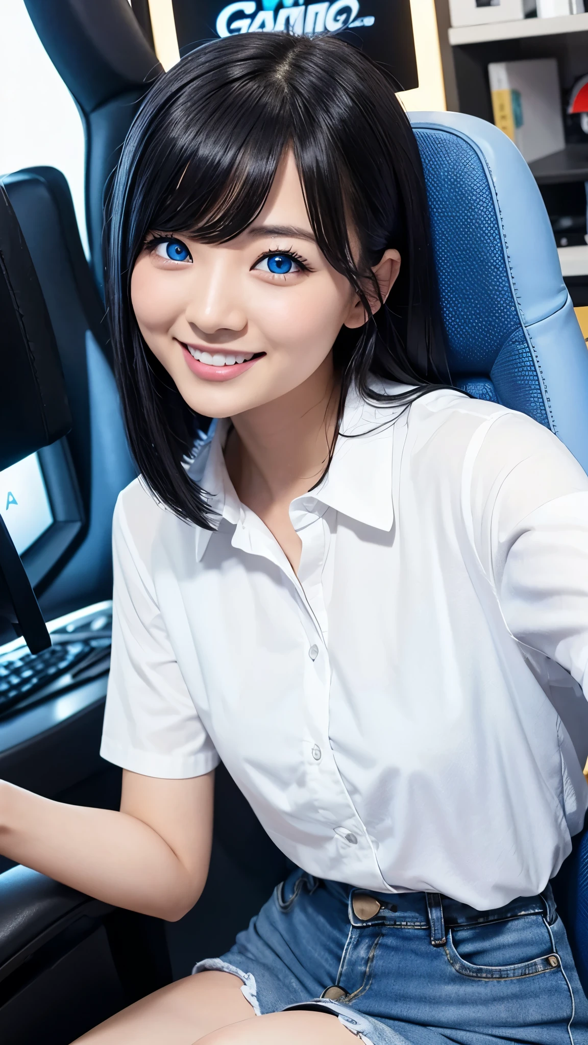 Asian Woman、Black Hair、Cute smile、Denim skirt、White shirt、Swan Blue Color Contacts、Blue Eyes、Gaming Chair、
