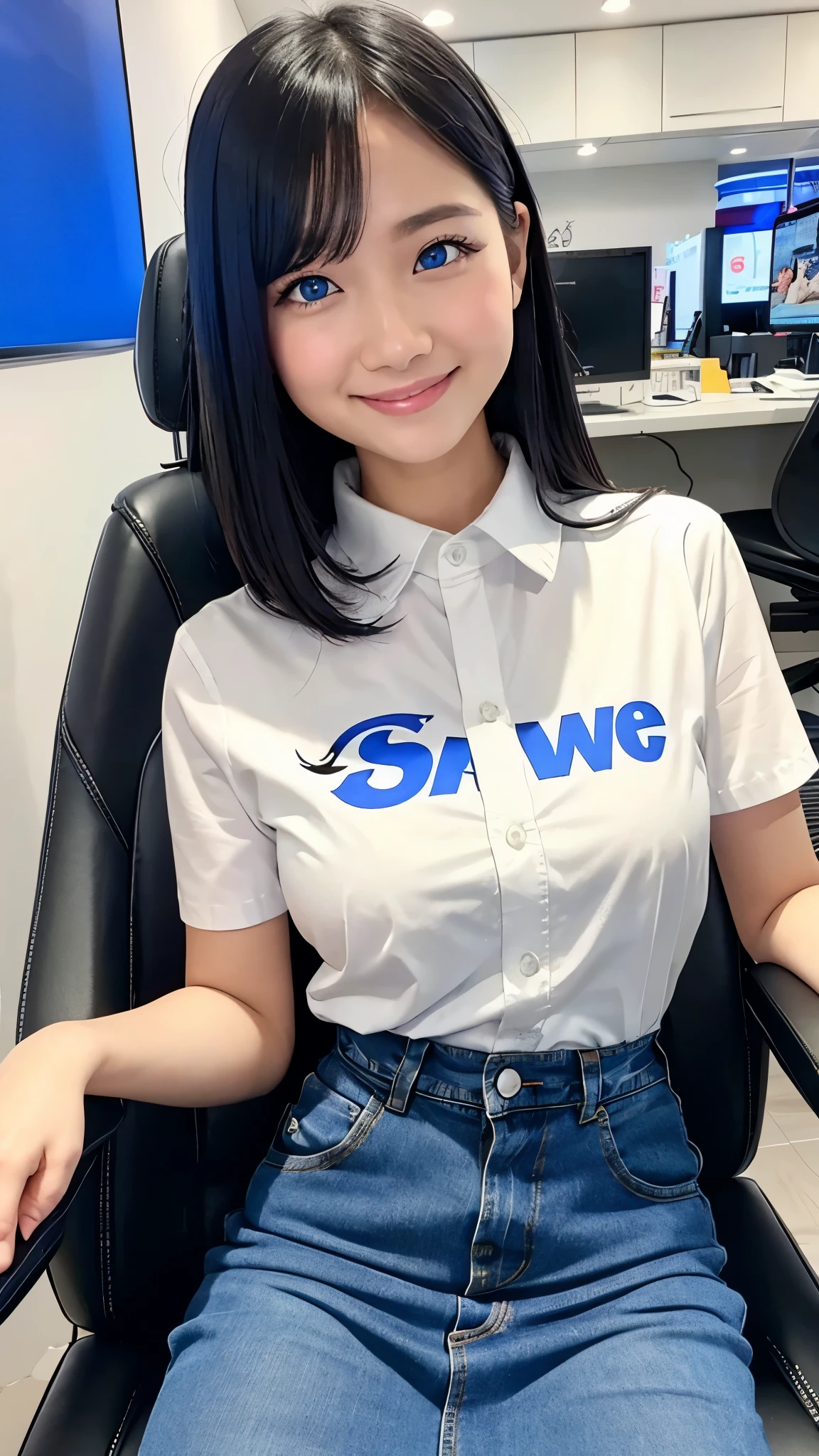 Asian Woman、Black Hair、Cute smile、Denim skirt、White shirt、Swan Blue Color Contacts、Blue Eyes、Gaming Chair、