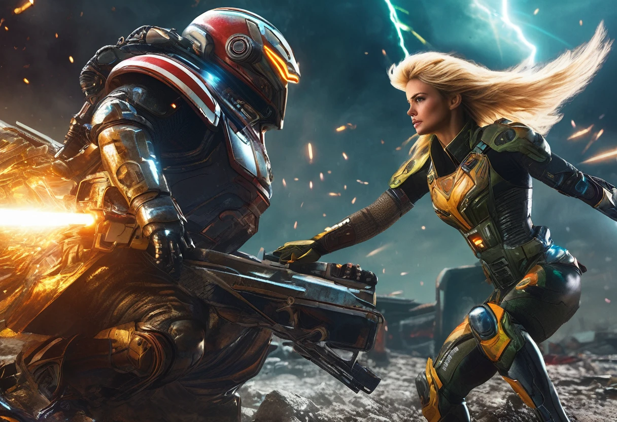 (Extreme complexity, multiple subjects)(best quality,4k,8k,highres,masterpiece:1.2),ultra-detailed,(realistic,photorealistic,photo-realistic:1.37),(subject 1: Donald Trump in sci-fi armor,US flag motif,power sword,laser pistol,)saving a (Subject 3: damsel in distress),(Subject 2: spiky tentacle alien),heroic pose,astonishing battle scene,explosive background,lightning effects,strong and confident expression,vivid colors,high-tech armor design,shiny metallic texture,glowing insignias,sci-fi environment,intergalactic cityscape,advanced technology,extraterrestrial creatures,highly detailed facial features,distressed damsel with flowing hair,thankful expression,energetic action,ominous atmosphere, cinematic lighting, dynamic composition, epic storytelling