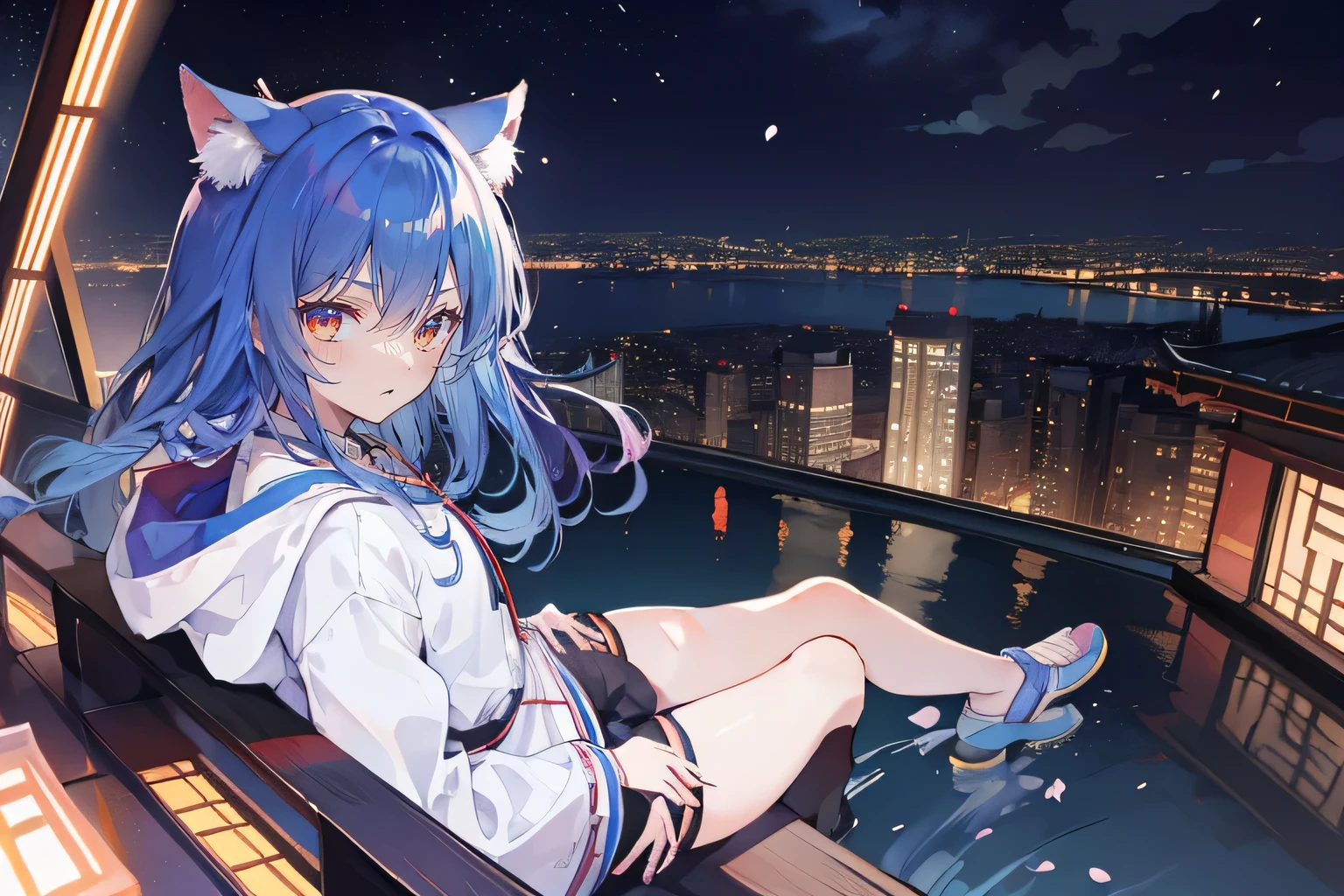 （masterpiece：1.2），Super detailed，lifelike，Expressive eyes，fair skin，perfect face shape，1 girl，
Japanese comics,Gorgeous blue hair,flowing blue hair,flowing clothes,Cat ears,Petals fall,beautiful lola,Baby Angel,sunrise,
Cross your legs，Gentle and peaceful background，The pavilion is cool and comfortable,smile, wearing hoodie, background of tokyo,back views,snowing, winter.