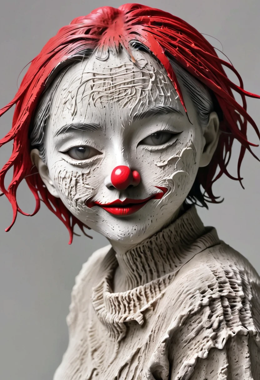 (best quality:1.2),ultra-light Clay, Clay, Pottery, Rough knitted texture, distressed, dirty, mineral pigments, 3D Clay sculpture art, Clay sculpture, Rough surface, (artwork，clown，Red Nose，solitary独的身影，whole body，barefoot，cover up,solitary,)