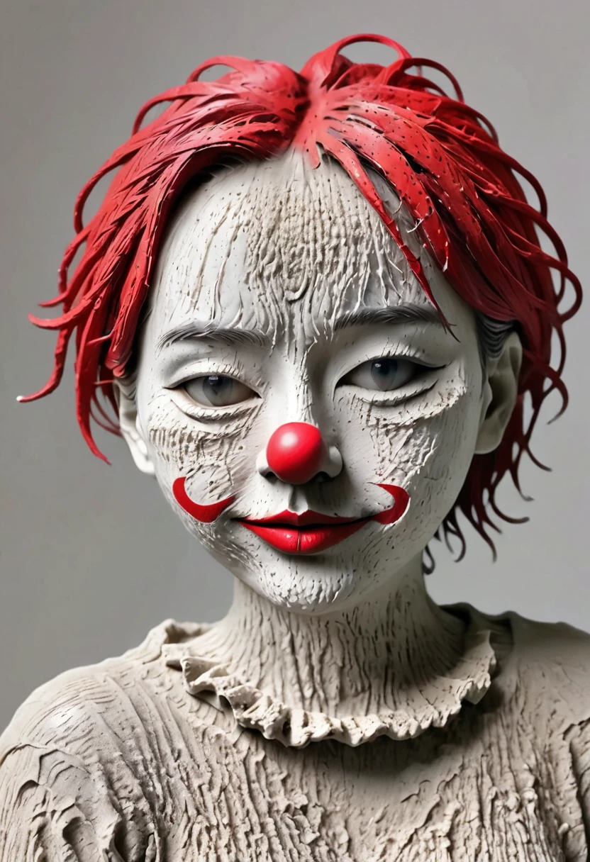 (best quality:1.2),ultra-light Clay, Clay, Pottery, Rough knitted texture, distressed, dirty, mineral pigments, 3D Clay sculpture art, Clay sculpture, Rough surface, (artwork，clown，Red Nose，solitary独的身影，whole body，barefoot，cover up,solitary,)