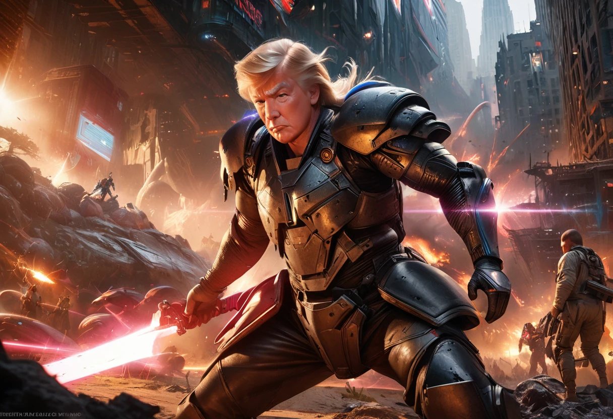 (Extreme complexity, multiple subjects)(best quality,4k,8k,highres,masterpiece:1.2),ultra-detailed,(realistic,photorealistic,photo-realistic:1.37),(subject 1: Donald Trump in sci-fi armor,US flag motif,power sword,laser pistol,)saving a (Subject 3: damsel in distress),(Subject 2: spiky tentacle alien),heroic pose,astonishing battle scene,explosive background,lightning effects,strong and confident expression,vivid colors,high-tech armor design,shiny metallic texture,glowing insignias,sci-fi environment,intergalactic cityscape,advanced technology,extraterrestrial creatures,highly detailed facial features,distressed damsel with flowing hair,thankful expression,energetic action,ominous atmosphere, cinematic lighting, dynamic composition, epic storytelling
