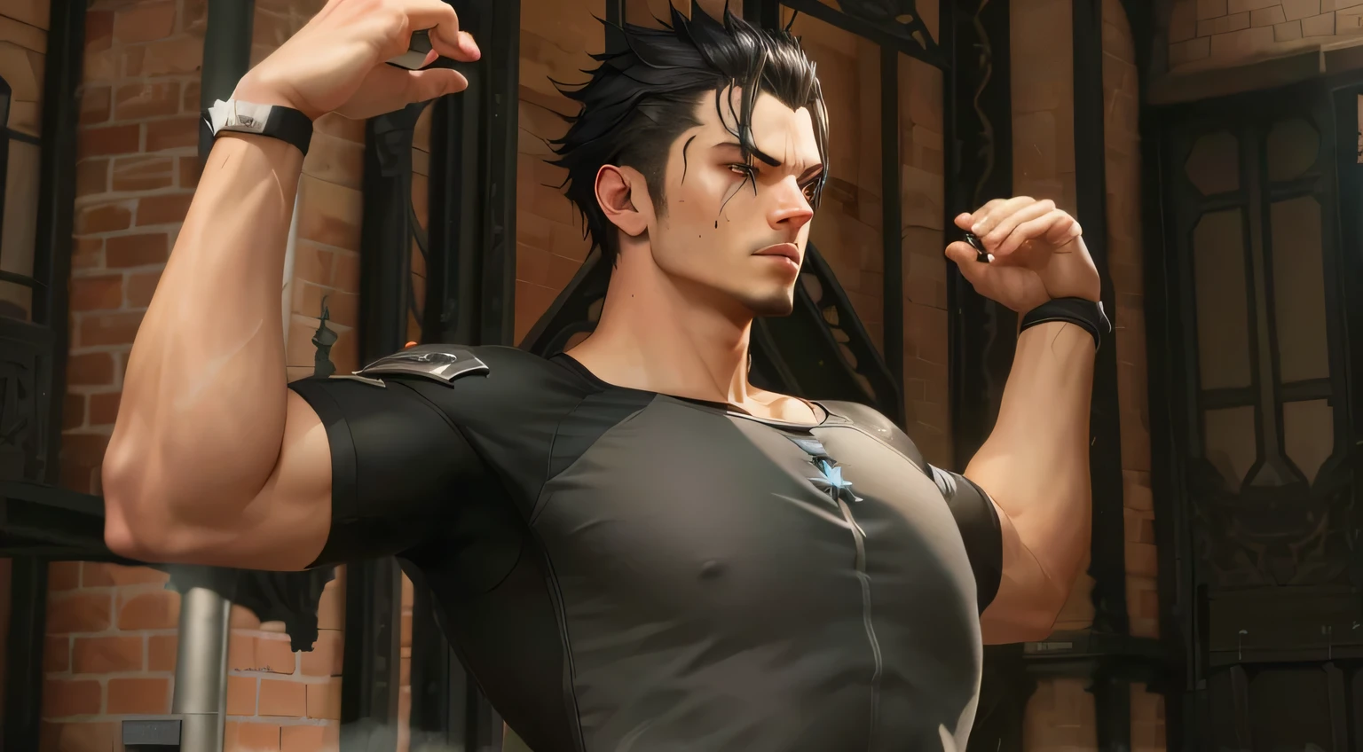Arafed Mann in einem braunen Hemd und schwarzen Hosen mit einer Faust, Upper body avatar, Zweites Leben Avatar, als Charakter in Tekken, Stil Spiel Square Enix, Nahaufnahme im Stil einer schweren Geste, Male character, Muskelprotz-Pose, T-Pose, t - Pose, Videospiel-Avatar, Ingame-Bild, T-Pose, Handel auf pxiv