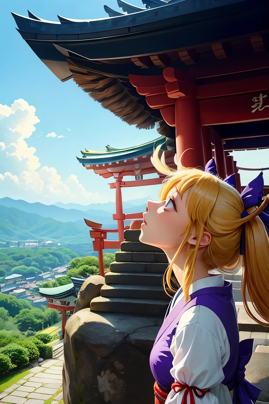 Suika Ibuki from touhou climbs up the stairs of a stone Shinto shrine. Suika focus. Beautiful view. Suika looks up. The summer weather is good. It's a beautiful shot. Professional composition. Vibrant colors.