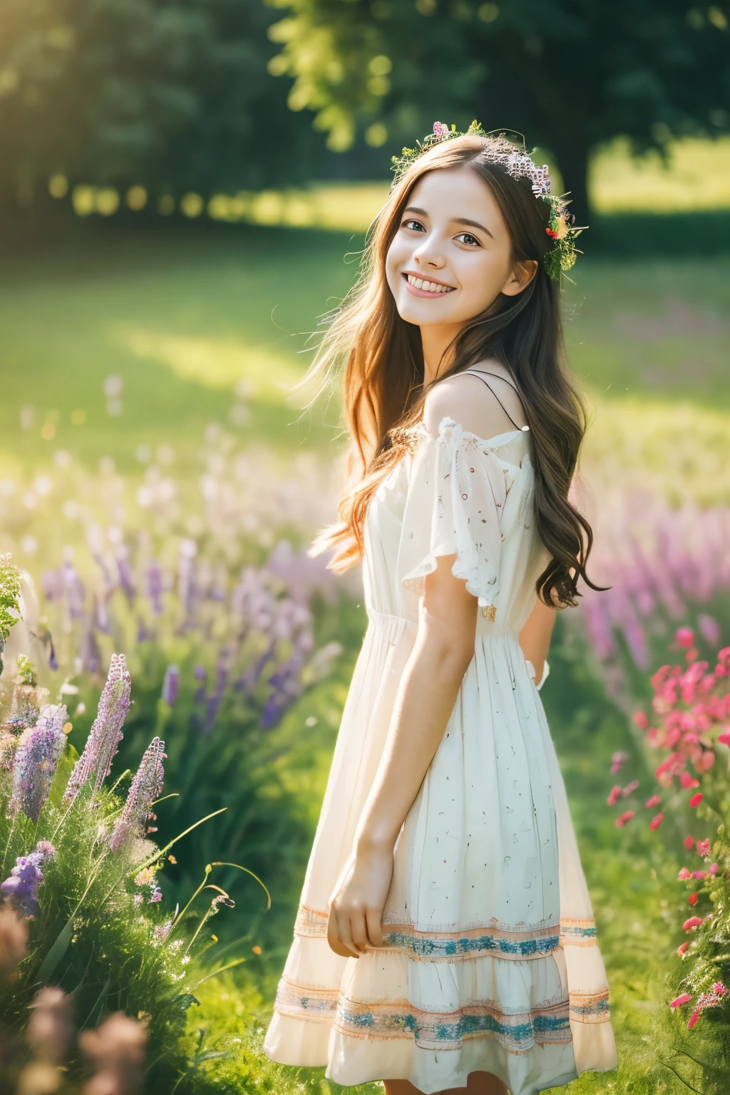(best quality,4k,8k,highres,masterpiece:1.2),ultra-detailed,(realistic,photorealistic,photo-realistic:1.37),meadow,girl,flowers,dress,long hair,smiling,freckles,natural lighting,soft colors,warm tones,fantasy,watercolor painting,serene ambiance,pastoral scenery,ethereal atmosphere,happiness,playful,peaceful,carefree,joyful,adventure,captivating,summer,whimsical,daydreaming,harmony,bliss,innocence,magical,dream-like,fairy tale,vibrant,enchanted,lively,vivid,colorful,grassy field,gentle breeze,soothing sounds,refreshing,relaxation,countryside,escape,nature,tranquility