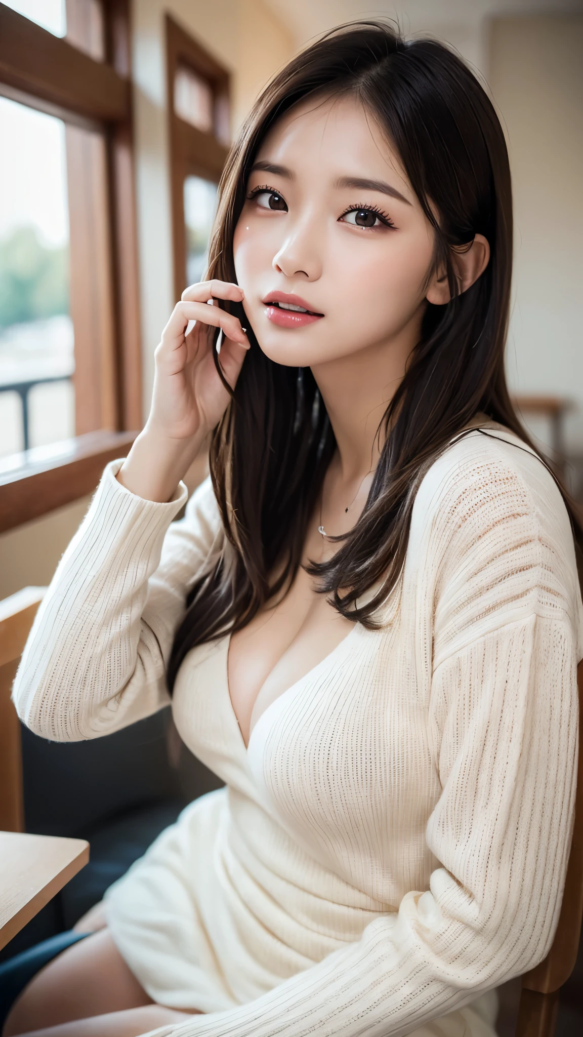 Tabletop, highest quality, figure, Very detailed, In detail, High resolution, 8k wallpaper, Perfect dynamic composition, Beautiful fine details, Natural Lip, long sleeve black knit dress, Small breasts, ランダムにcuteポーズ,RAW Photos,KPOP idol faces,cute,Face close-up,BREAK ceremony,((Random sexy poses、put in、Deep joy, Ecstatic eyes:1.2)), ((I gasp hard:1.2))、Ecstatic face、Climax expression, Through clenched teeth、My whole body is convulsing、Official Art,Very detailed CG Unity 8k 壁紙, (masterpiece:1.0),(highest quality:1.0), photo shoot, 8k, Browsing Caution, High resolution, Kodak Portrait 400, Film Grain, Lens flare brilliance,Very low camera angle, View your viewers