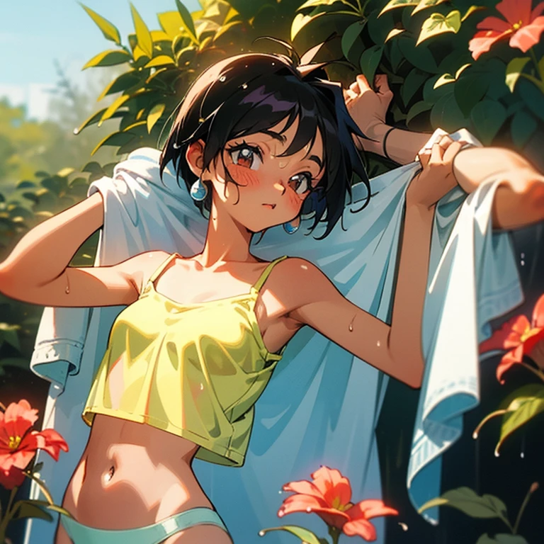 Cool girl、Boyish Girl、Sporty、tits、Wet and transparent、Wet, see-through clothes、white camisole 、her underwear is visible、Wet camisole、Navel Reveal Style、I have a towel、Wet、oil、slimy、Very short hair、black hair color、Panties
、high school girl、Gal、brown skin、garden、Pool、tall、Slender beauty、Curved waist、well tanned、Beautiful clavicle、Very slim body、Middle Eastern Girl、Earrings、High contrast、Narrow dynamic range