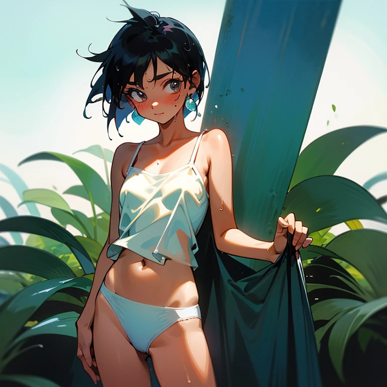 Cool girl、Boyish Girl、Sporty、、Wet and transparent、Wet, see-through clothes、white camisole 、her underwear is visible、Wet camisole、Navel Reveal Style、I have a towel、Wet、oil、slimy、Very short hair、black hair color、Pantgh school girl、Gal、brown skin、garden、Pool、tall、Slender beauty、Curved waist、well tanned、Beautiful clavicle、Very slim body、Middle Eastern Girl、Earrings、High contrast、Narrow dynamic range