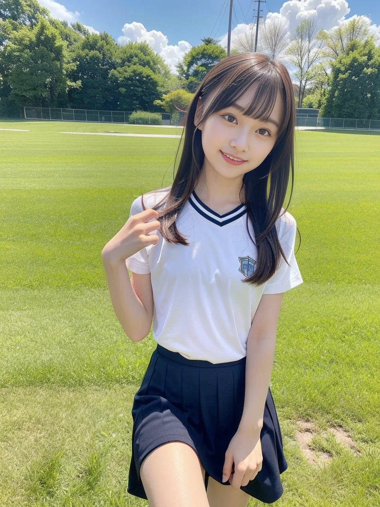 (masterpiece, highest quality:1.4), Award-winning portraits, 8k, 85mm, alone, Beautiful Face, Delicate girl,  (Cheerleader、On the grass), Sophisticated, cute, 15 years old, RAW Photos, Confused, High resolution, Sharp focus, Background Blur、(((flat  、thin and delicate body、Childish atmosphere)))、shiny semi-long hair、ponytail、Mole on the left cheek、 Dark blue eyes、High Kick、the skirt is swaying in the wind、Hair swaying in the wind、sexy、flexible legs