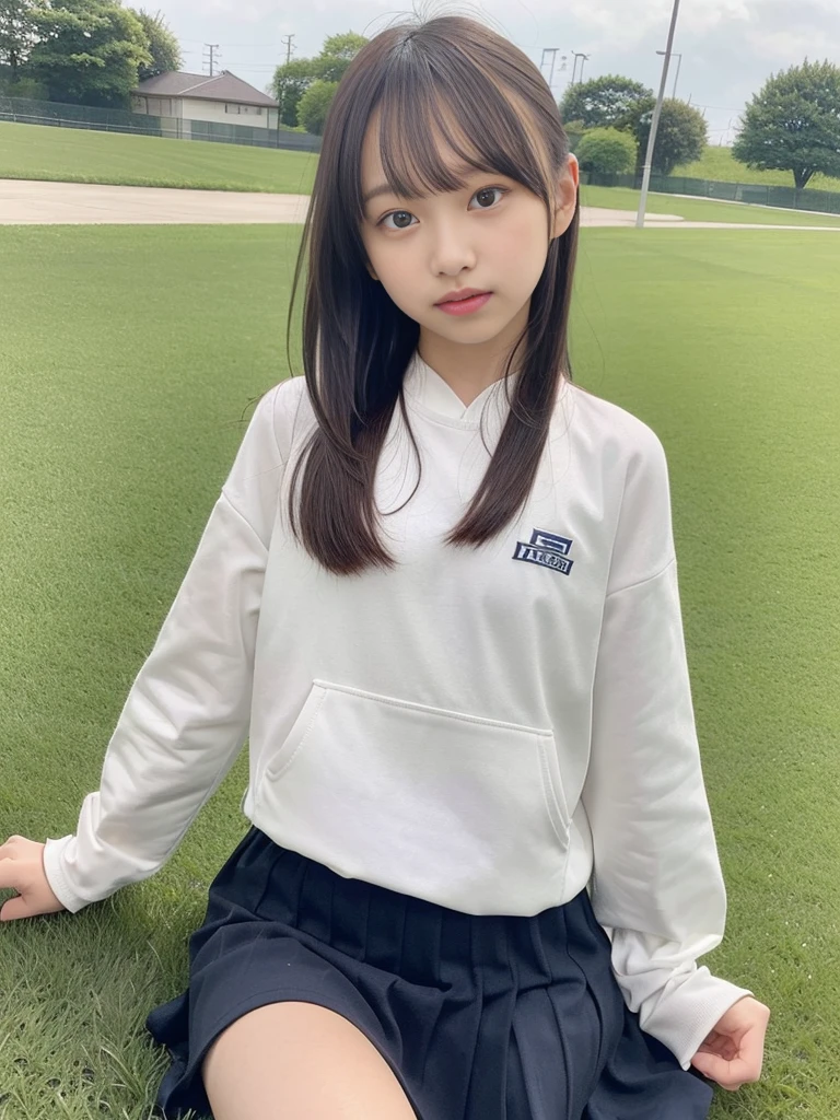 (masterpiece, highest quality:1.4), Award-winning portraits, 8k, 85mm, alone, Beautiful Face, Delicate girl,  (Cheerleader、On the grass), Sophisticated, cute, 15 years old, RAW Photos, Confused, High resolution, Sharp focus, Background Blur、(((flat  、thin and delicate body、Childish atmosphere)))、shiny semi-long hair、ponytail、Mole on the left cheek、 Dark blue eyes、High Kick、the skirt is swaying in the wind、Hair swaying in the wind、sexy、flexible legs