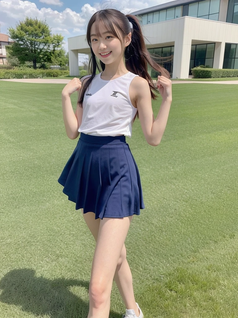 (masterpiece, highest quality:1.4), Award-winning portraits, 8k, 85mm, alone, Beautiful Face, Delicate girl,  (Cheerleader、On the grass), Sophisticated, cute, 15 years old, RAW Photos, Confused, High resolution, Sharp focus, Background Blur、(((flat  、thin and delicate body、Childish atmosphere)))、shiny semi-long hair、ponytail、Mole on the left cheek、 Dark blue eyes、High Kick、the skirt is swaying in the wind、Hair swaying in the wind、sexy、flexible legs