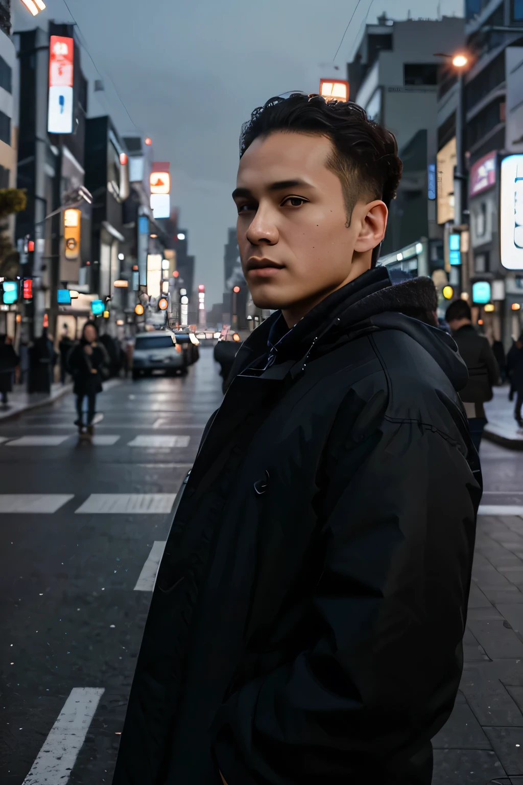 Photorealsitic, 8k full-length portraits, a Male with curly short hair big forehead, front view, 20 years old, TOKYOcty, Winters, Shibuya in the background, japan ads background, in a long distance photo, photo profile style