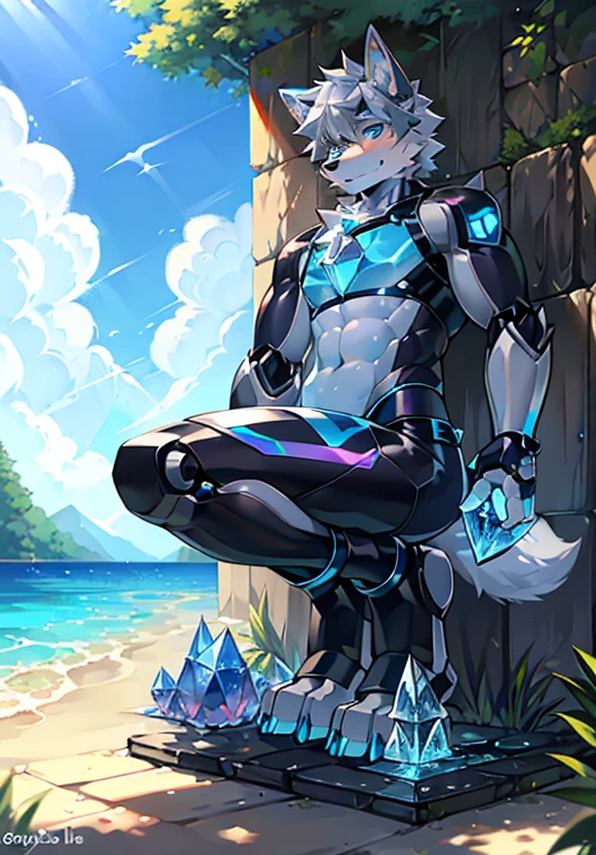 Furry,wolf boy,White fur,crystal blue eyes,Single fluffy tail,greyt hair,short detailed hair,summer day,dive,Wear diving goggles,masculine features,Squat,asshole,bulge,Sexy latex swimsuit