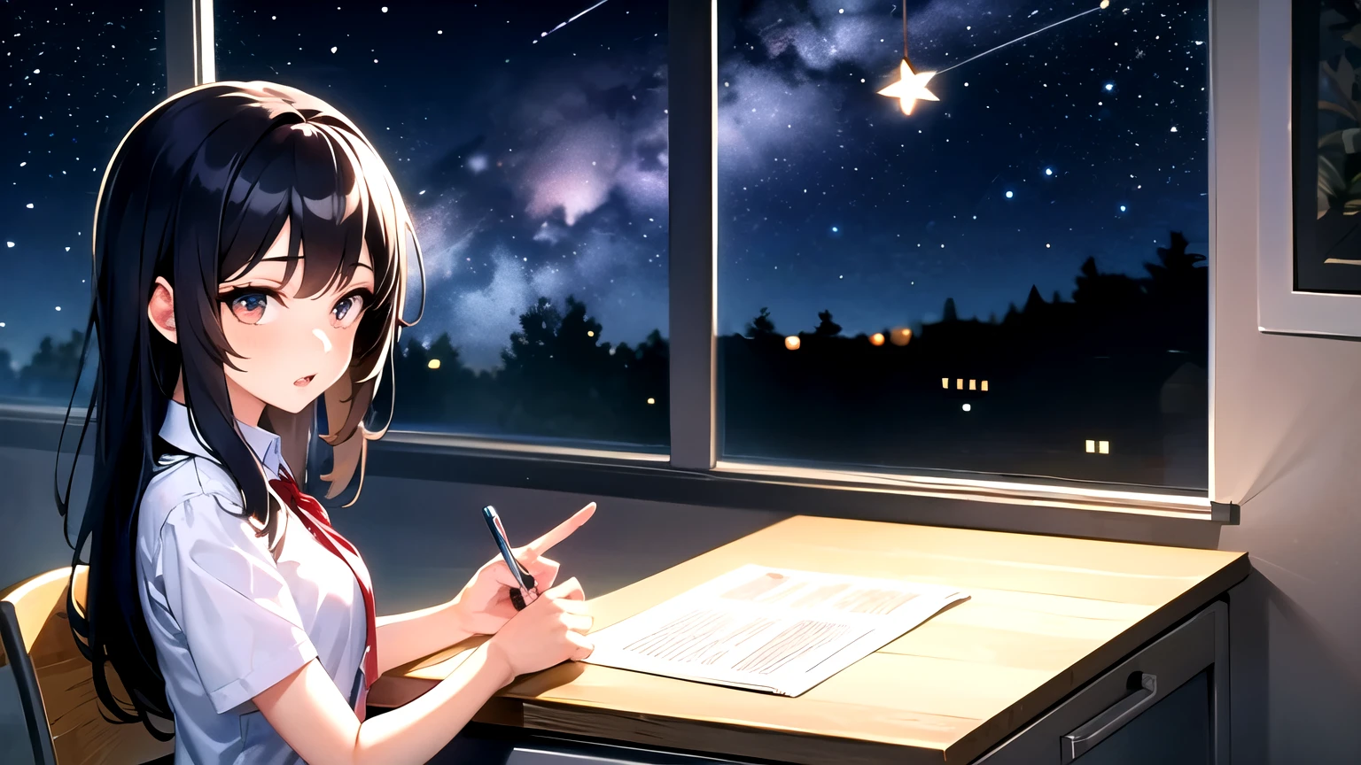 girl working on a desk and bright stars at the background night