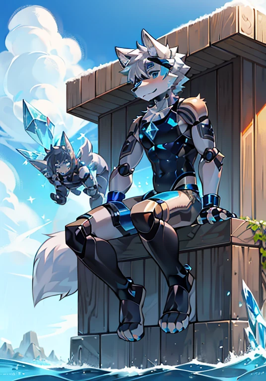 Furry,wolf boy,White fur,crystal blue eyes,Single fluffy tail,greyt hair,short detailed hair,summer day,Wear diving goggles,masculine features,squat,asshole,Bulge,Sexy latex swimsuit,stirrup legwear,full body,High heel