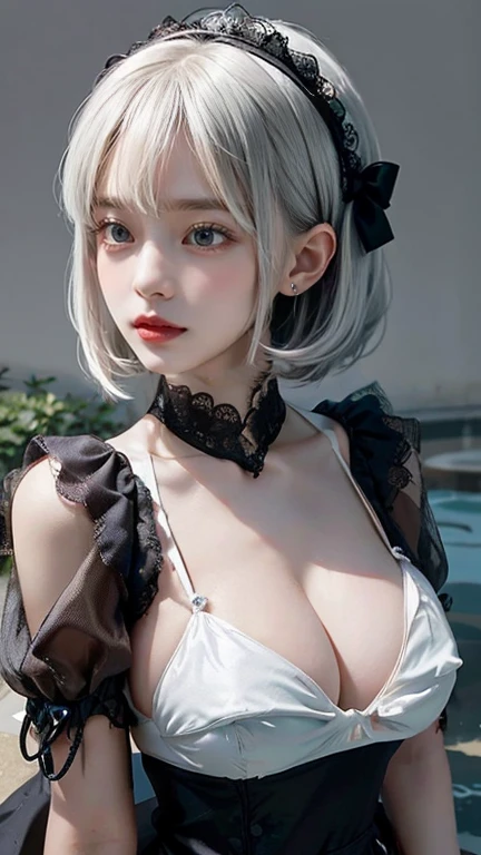 Please draw a super beautiful girl with short white bob hair wearing a flattering gothic ta bikinis。She exudes an elegant and dark vibe. (((flattering bikinis))), Her white hair is tied up in a neat short bob.、It highlights her individuality and sophisticated beauty.。 Her flattering bikinis are luxurious in design.、It brings out her elegance and mysterious charm.。It is a hallmark of her sexy style.。Her pose is graceful、It expresses her deep worldview hidden inside her.。 Her eyes shine with mystery、Combined with her charming smile、It highlights her individuality and charm.。Her smile has a unique charm、She shows her confidence and sophisticated beauty in Gothic Loliashion.。Her appearance is beautiful、Her presence stands out in the world of Gothic Lolita.。s super beautiful girl with white short bob hair and flattering bikini style is、It has a unique charm and sophisticated beauty.。Her appearance is、Her presence and charm in the world of Gothic Lolita fashire fused together.、it seems fascinating and mysterious sight.。