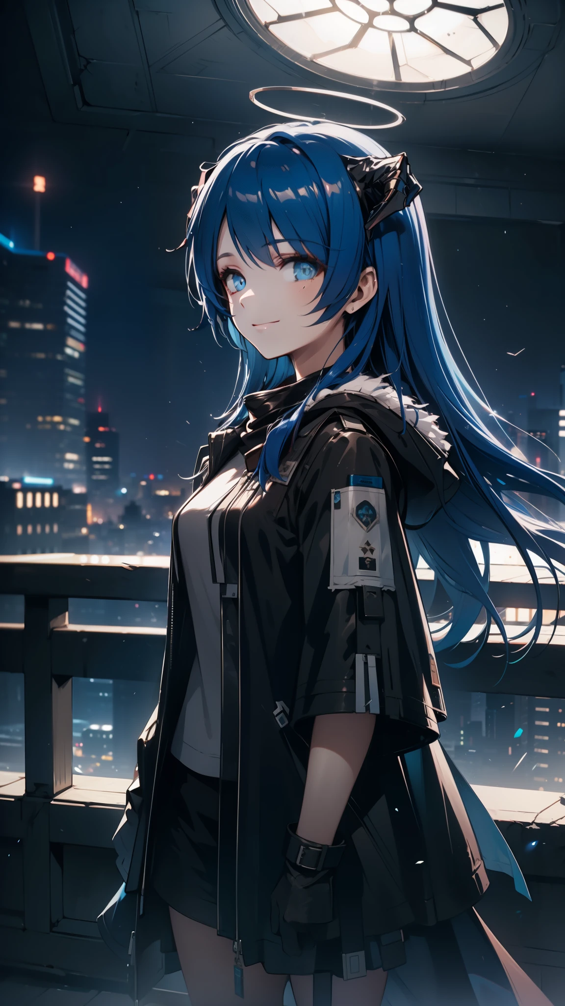 a girl standing in a balcony, 1girl, portrait, solo, standing in a balcony, ((Night)), (beautiful detailed eyes), (looking at viewer, smile), mostima, arknights, long hair, ((cinematic shot, cinematic lighting)), semi realistic background, (night sky), (masterpiece, best quality)