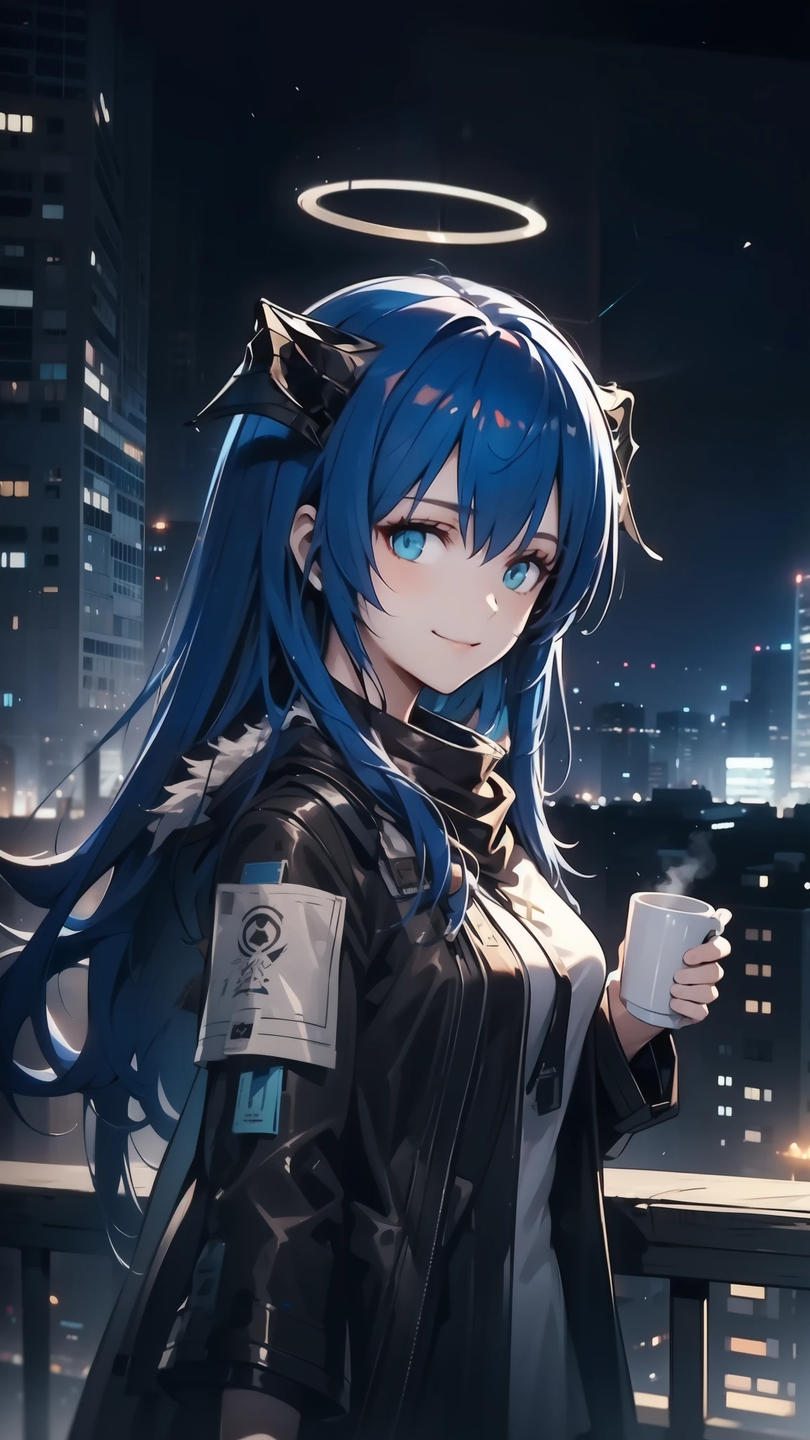 a girl standing in a balcony, 1girl, portrait, solo, standing in a balcony, holding a cup of coffee ((Night)), (looking at viewer), (smiling, mouth open), mostima, arknights, long hair, (dimmed halo), ((cinematic shot, cinematic lighting)), city, buildings in background, (night sky), (masterpiece, best quality)