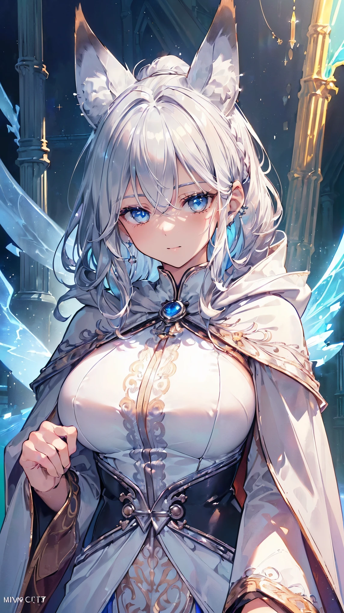 (((Masterpiece))), (((Highest quality))), ((Ultra-detailed)), ((Super fine illustration)), ((Ultra-fine painting)), (16K highest quality wallpaper:1.4), (Upper body:1.6), HDR, (Highly detailed and delicate illustration style:1.8), Detailed skin texture, Detailed cloth texture, Extreme detailed description, (T-masterpiece), (Highly detailed face:1.2), (Highly detailed silver fox ears:1.2), (Highly detailed shiny ponytail:1.2), (Highly detailed beautiful eyes:1.2), Original, RAW photo, Professional, Intricate details, Super details, Direct light:1.6, (Perfect anatomy:1.4), (Highly detailed hands:1.2), (Highly detailed fingers:1.2), (Highly detailed fingertips:1.2), (27-years-old), Real, (Solo:1.6), ((Very beautiful and attractive silver fox female model:1.4)) BRAKE (Beautiful and adorable silver fox ears:1.6), (Highly detailed and delicate silver fox ears:1.4), (Beautiful and well-shaped big breasts:1.2), (Beautiful and well-shaped buttocks), (Very beautiful and shiny rainbow-colored hair, colorful hair:1.6), (Very beautiful and transparent blue eyes that shine in iridescent colors, colorful eyes:1.5), (Beautiful clear blue eyes with sparkling details:1.6), (Highly detailed face:1.4), (Smile:1.3), (looking at viewer:1.4), (Standing:1.4) BRAKE (Concept art:1.2), (Detailed fantasy art:1.2) BRAKE (Just after noon:1.4), (Otherworldly city street:1.6), (Different world:1.2), (Highly detailed and delicate background:1.2) BRAKE ((Court Wizard's long clothes:1.5),(Court Wizard's Cloak:1.5)) BRAKE