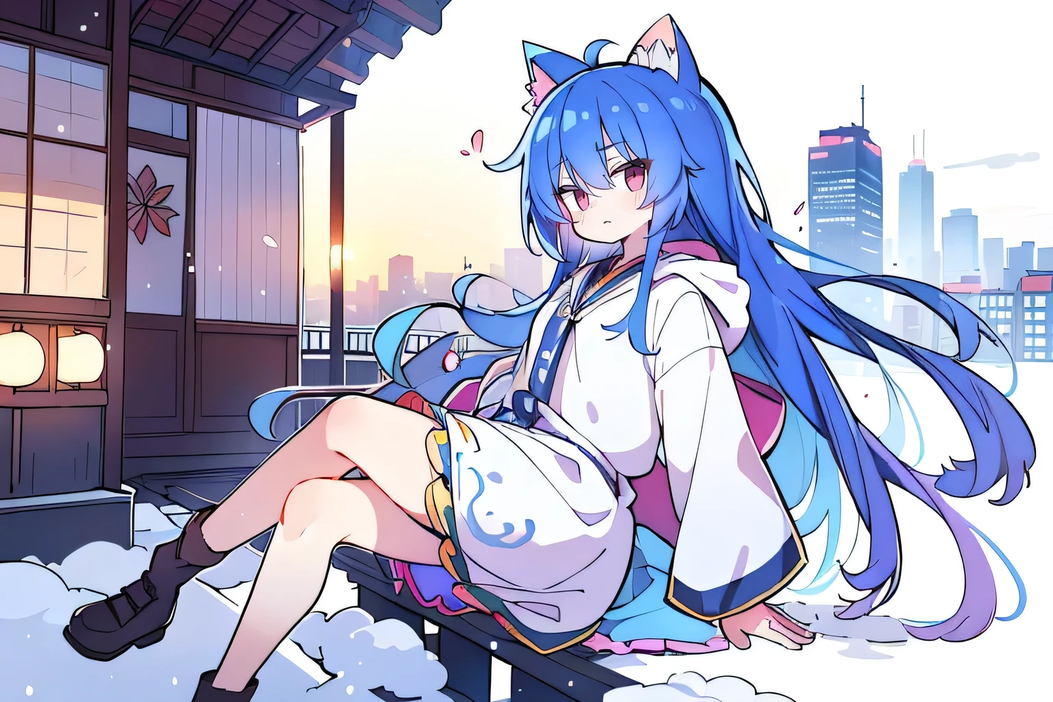 （masterpiece：1.2），Super detailed，lifelike，Expressive eyes，fair skin，perfect face shape，1 girl，
Japanese comics,Gorgeous blue hair,flowing blue hair,flowing clothes,Cat ears,Petals fall,beautiful lola,Baby Angel,sunrise,
Cross your legs，Gentle and peaceful background，The pavilion is cool and comfortable,smile, wearing hoodie, background of tokyo,back views,snowing, winter.
