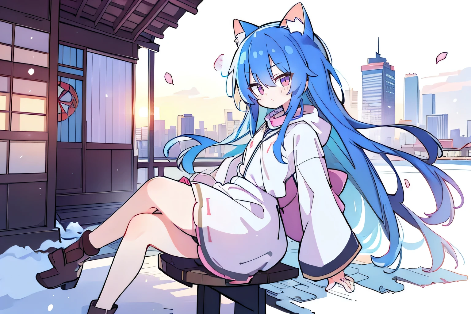 （masterpiece：1.2），Super detailed，lifelike，Expressive eyes，fair skin，perfect face shape，1 girl，
Japanese comics,Gorgeous blue hair,flowing blue hair,flowing clothes,Cat ears,Petals fall,beautiful lola,Baby Angel,sunrise,
Cross your legs，Gentle and peaceful background，The pavilion is cool and comfortable,smile, wearing hoodie, background of tokyo,back views,snowing, winter.