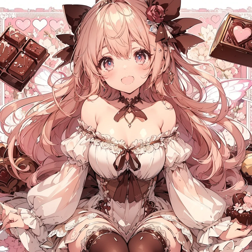 (Exquisite, beautiful, Very detailed, masterpiece, High resolution,high quality,High resolution),(Well-formed face,Soft and thin lines: 1.2, beautiful, Delicate and vivid illustrations with a mature and clear feel) , There is a delicious chocolate on a pink heart background and she is smiling happily and joyfully,A fairy with beautiful fairy wings growing from her back, a chocolate motif, a corset with lace, frills and ribbons, a deep brown base with white and black tones, a frilly dress with an open neckline and knee-high socks.,She is wearing a chocolate tiara, necklace, earrings, bracelets, and long leather boots.,(In the background there is delicious looking melted milk chocolate and a large amount of chocolate cake, chocolate truffles, chocolate bars and chocolate cookies.),(A fair-skinned, short-browed, pale pink cheeks, plump pink lips, beautiful eyes, and a rather large, fluffy bust. A good-looking fairy.),Vivid colors, striking colors and dynamic angles,Dream Cute,