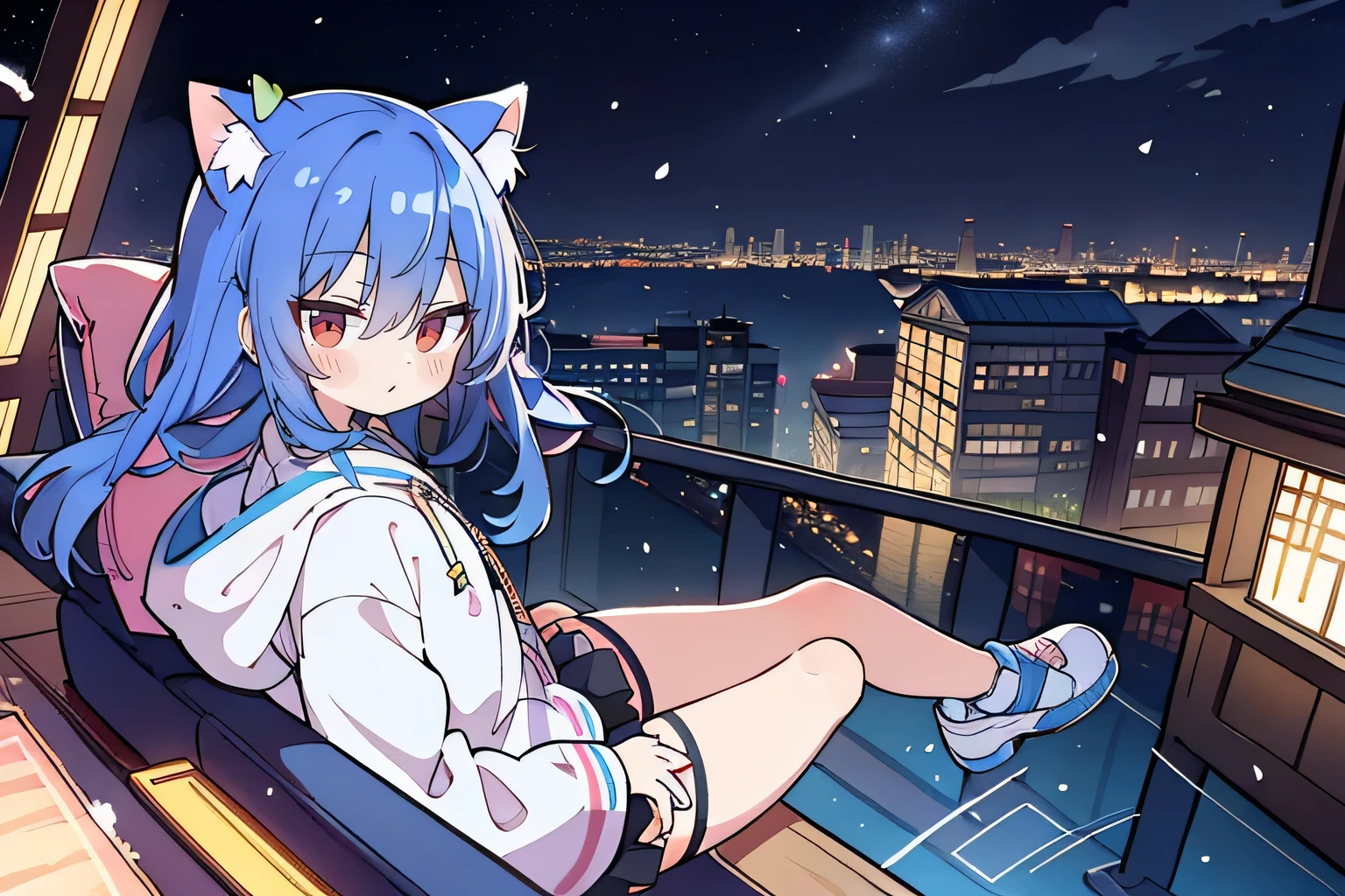 （masterpiece：1.2），Super detailed，lifelike，Expressive eyes，fair skin，perfect face shape，1 girl，
Japanese comics,Gorgeous blue hair,flowing blue hair,flowing clothes,Cat ears,Petals fall,beautiful lola,Baby Angel,sunrise,
Cross your legs，Gentle and peaceful background，The pavilion is cool and comfortable,smile, wearing hoodie, background of tokyo,back views,snowing, winter.