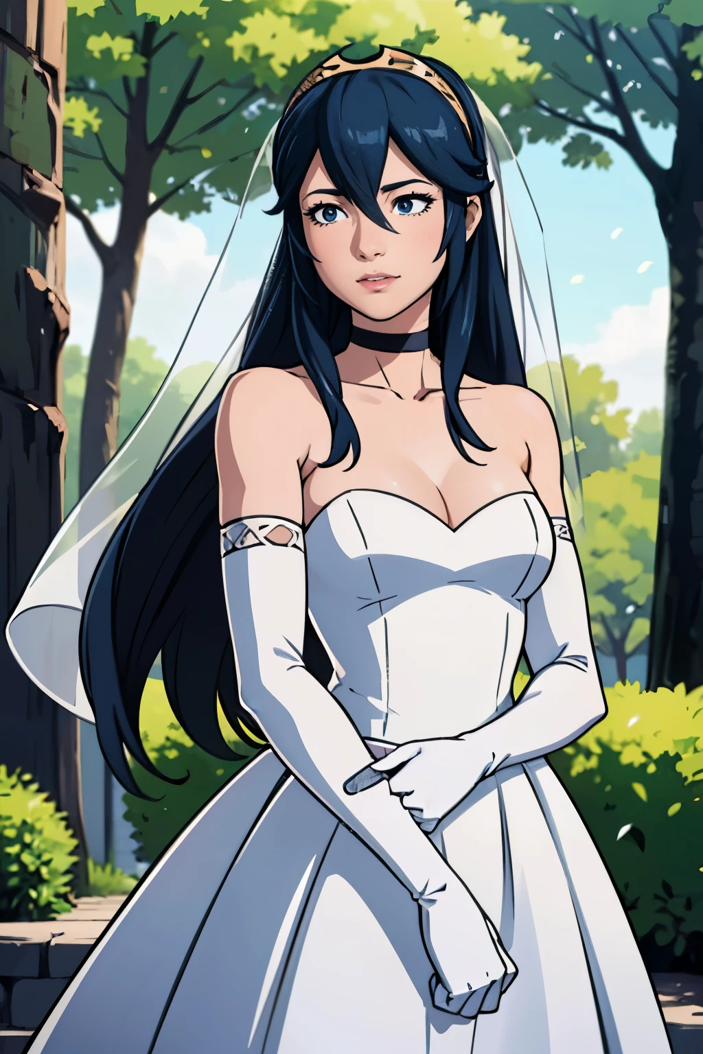 Lucina fe, hair between eyes, ahoge, blue hair, star \(symbol\), hair ornament, dress, cleavage, bare shoulders, collarbone, long white elbow gloves, white gloves, white ruffled dress, white choker, strapless, tiara, veil, strapless dress, wedding dress, bridal veil, beautiful woman, perfect body, perfect breasts, wearing a wedding dress, ball gown, in the park trees, wedding decorations, a warm smile, realism, masterpiece, textured skin, super detail, high detail, high quality, best quality, 1080p, 16k