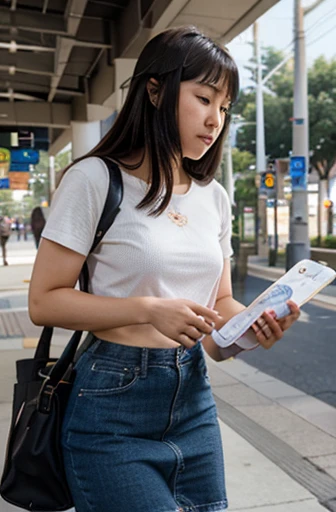 An Asian female college student carries a bag and swipes her card into the light rail station.