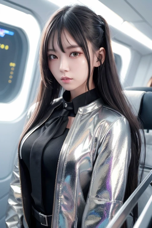 Cyborg Girl, Cyberpunk Girl, Digital Cyberpunk Art, (Digital Cyberpunk Art), cute、Ultra high definition、masterpiece、correct、Anatomically correct、Textured skin、Very detailed、High detail、high quality、最high quality、High resolution、8k、Raw photo、whole body、Beautiful age Woman、One Japanese woman、Big beautiful eyeedium chest、((Black semi-long hair))、(((Wear a cyberpunk shiny metallic flight attendant uniform)))、((Walking inside the plane))、Japanese girl