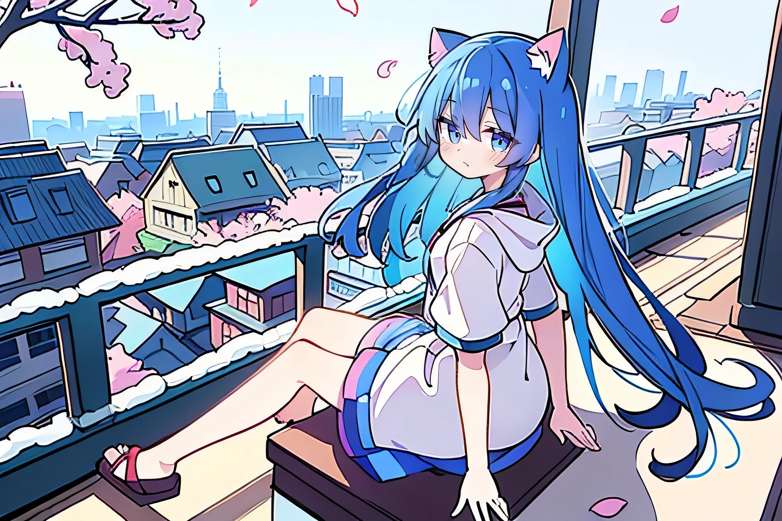 （masterpiece：1.2），Super detailed，lifelike，Expressive eyes，fair skin，perfect face shape，1 girl，
Japanese comics,Gorgeous blue hair,flowing blue hair,flowing clothes,Cat ears,Petals fall,beautiful lola,Baby Angel,sunrise,
Cross your legs，Gentle and peaceful background，The pavilion is cool and comfortable,smile, wearing hoodie, background of tokyo,back views,snowing, winter.
