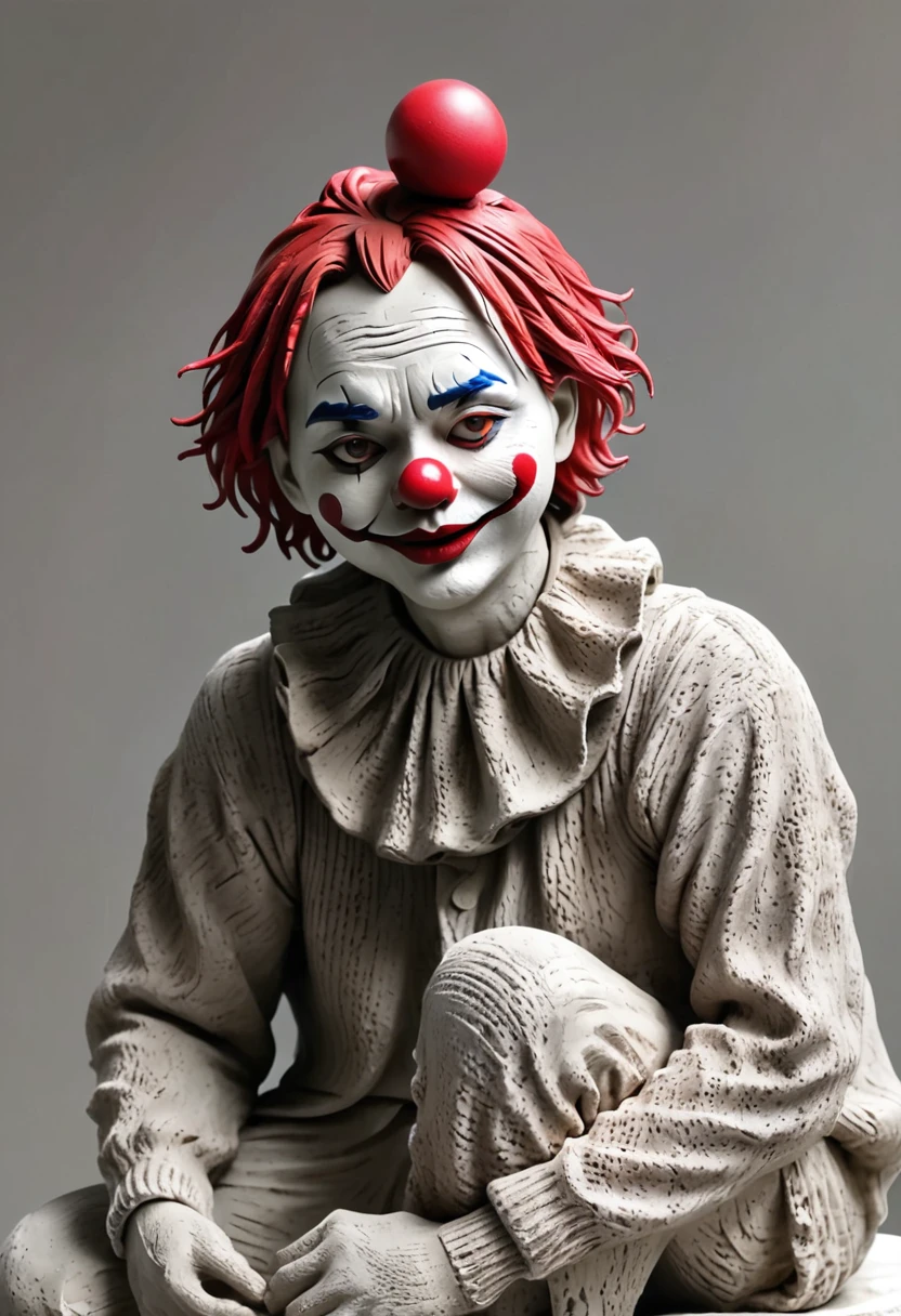 (best quality:1.2),ultra-light Clay, Clay, Pottery, Rough knitted texture, distressed, dirty, mineral pigments, 3D Clay sculpture art, Clay sculpture, Rough surface, (artwork,clown,Red Nose,solitary独的身影,whole body,barefoot,cover up,solitary,)