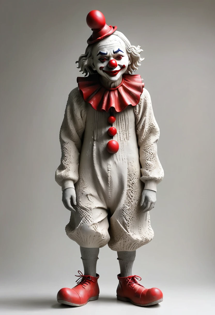 (best quality:1.2),ultra-light Clay, Clay, Pottery, Rough knitted texture, distressed, dirty, mineral pigments, 3D Clay sculpture art, Clay sculpture, Rough surface, (Art work,clown,Red nose,solitary figure,whole body,Barefoot,cover up,Solitary,)