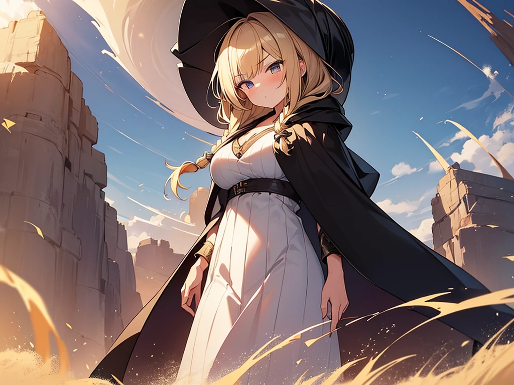 Masterpiece, Top quality, 1 beautiful girl, Blonde, medium Hair, Braided hair, wavy Hair, blunt bangs, 15 year old, standard weight, (medium breasts :1.2), cleavage, (very large dark sorceress long robe with hood:1.3), pleated skirt, witch hat, (angry:1.2), chanting magic, beautiful scene of Enchanted desert, Clothes swaying in the wind, from below, backlighting, (sandstorm conjuring:1.1)