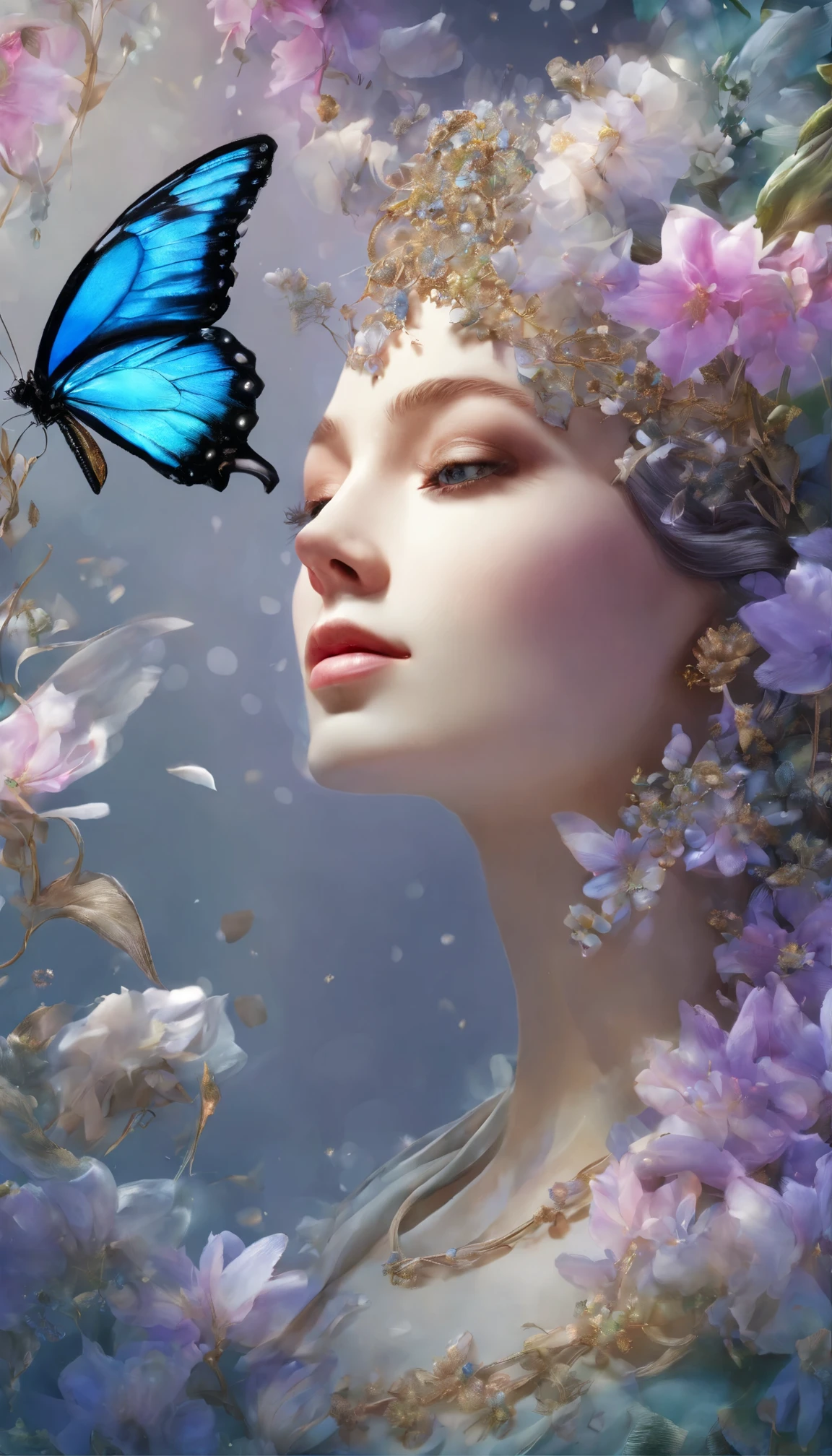 The background is greenblue,All expressed with jewels, the arrival of spring, various beautiful wisteria flowers,Swallowtail butterfly,
, angles looking up from below, various jewels falling from the sky, wonderful and beautiful superb view, slightly hazy, fantastic, high resolution, 8K, (best quality, highres, realistic:1.37), shiny metallic flowers, intricate and delicate petals, reflective surfaces, vibrant colors, intricate details, close-up view, surreal garden, surreal beauty, dreamy atmosphere, fine art, abstract botanicals, metallic sculpture, contrasting textures, ethereal glow