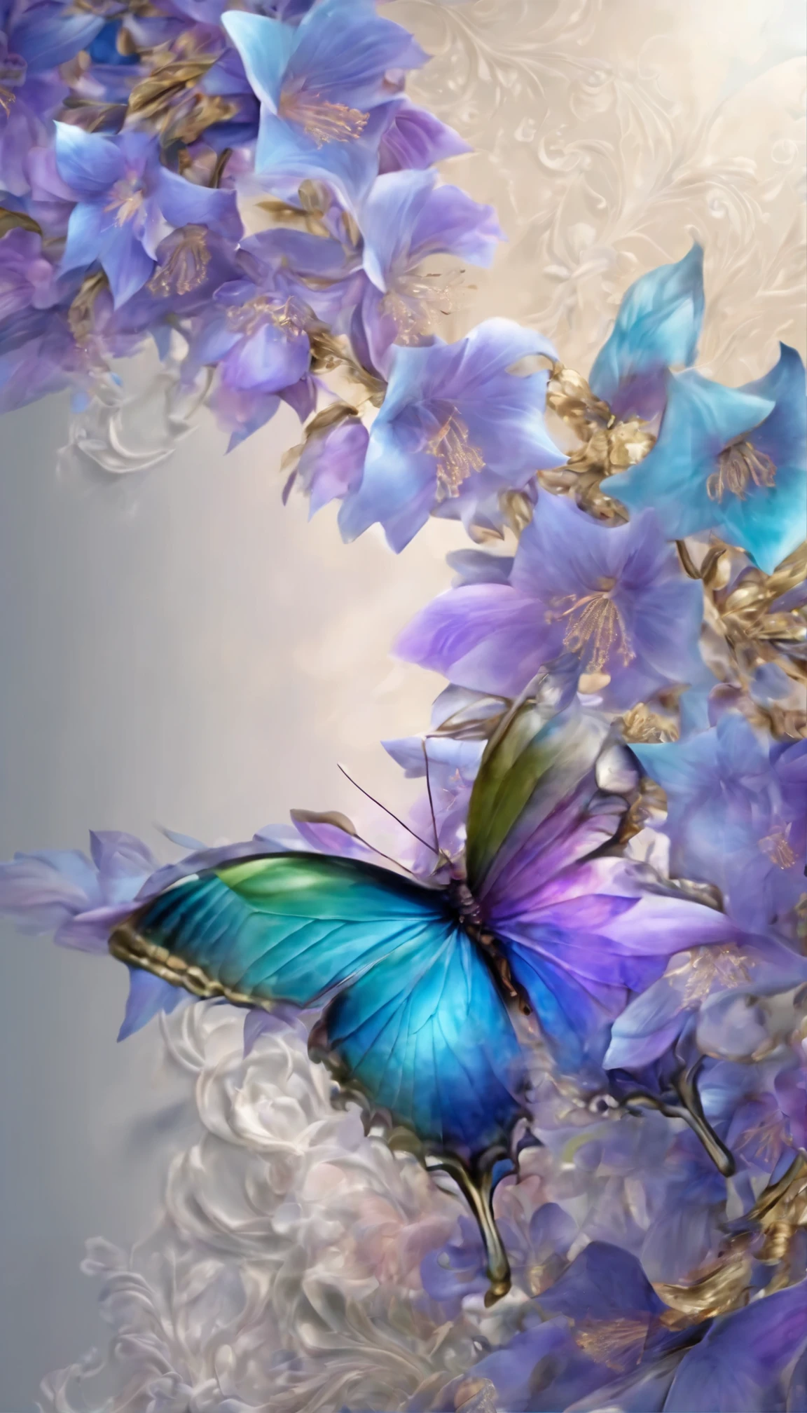 The background is greenblue,All expressed with jewels, the arrival of spring, various beautiful wisteria flowers,Swallowtail butterfly,
, angles looking up from below, various jewels falling from the sky, wonderful and beautiful superb view, slightly hazy, fantastic, high resolution, 8K, (best quality, highres, realistic:1.37), shiny metallic flowers, intricate and delicate petals, reflective surfaces, vibrant colors, intricate details, close-up view, surreal garden, surreal beauty, dreamy atmosphere, fine art, abstract botanicals, metallic sculpture, contrasting textures, ethereal glow