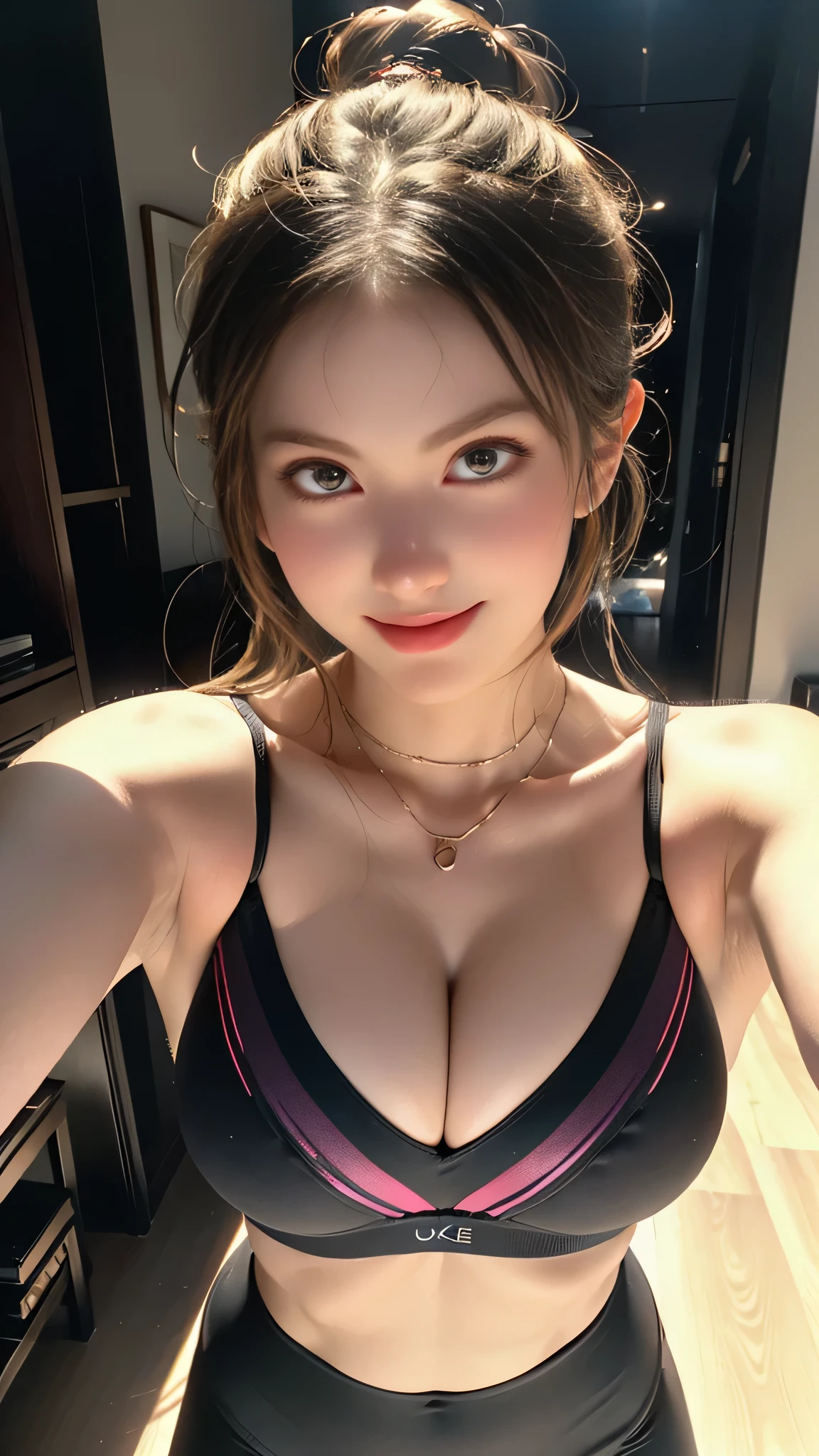 (best quality,ultra-detailed,photo-realistic:1.37), extremely beautiful eyes, Bright and Vibrant colors,studio lighting, playful expression, Extremely detailed eyes, stylish makeup,  , 1 woman in mirror, (tanking selfie from phone), (selfie from phone), (wide shot, from the front), (cleavage, glossy breasts:1.2), long round legs, solo, (Sexy Sports Bra) , (Sports leggings) , ponytail, athletic build, iconic scene, (Medium Round BREAST), adult pose,alluring eyes,glossy lips,sexy pose, smiling in a confident and seductive way, professional photoshoot, shallow depth of field, highlighting the main subject, soft natural lighting, creating a dreamy and magical atmosphere.