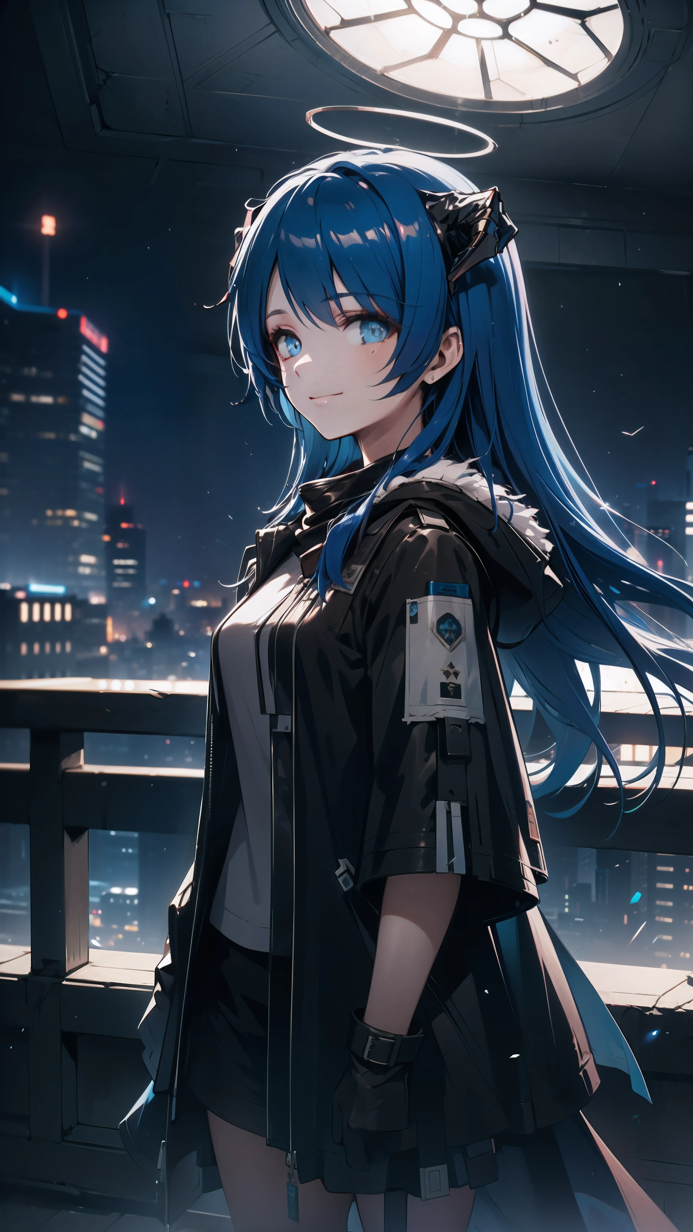 a girl standing in a balcony, 1girl, portrait, solo, standing in a balcony, ((Night)), (beautiful detailed eyes), (looking at viewer, smile), mostima, arknights, long hair, ((cinematic shot, cinematic lighting)), semi realistic background, (night sky), (masterpiece, best quality)