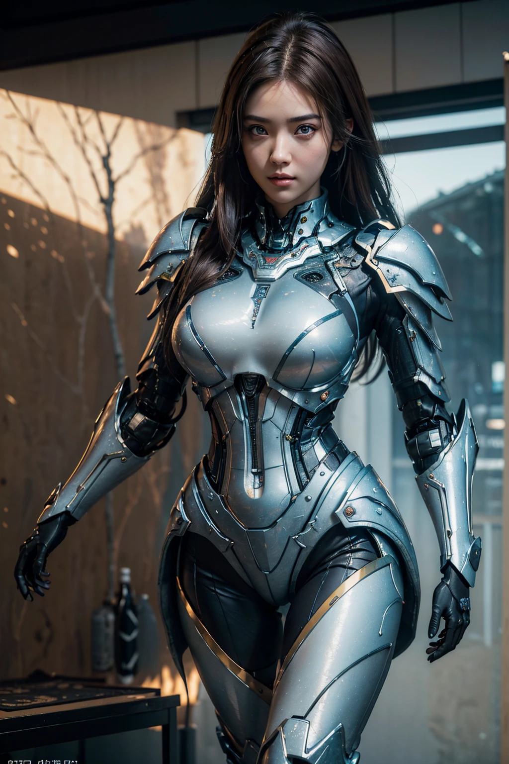 ((Best Quality)), ((Masterpiece)), (Very Detailed: 1.3), a beautiful mecha girl, 3D, ultra realistic, sci-fi technology, HDR (High Dynamic Range), ray tracing, nvidia RTX, super resolution, unreal 5, subsurface scattering, PBR texture, post-processing, anisotropic filtering, depth of field, maximum sharpness and sharpness, multi-layer texture, specular and albedo mapping, surface shading, accurate simulation of light-material interactions, perfect proportions, perfect eyes, perfect hand, extremely detailed background, ((detailed eyes, high quality eyes, high quality face)), octane rendering, duotone lighting, low ISO, white balance, rule of thirds, wide aperture, 8K RAW, high efficiency subpixels, subpixel convolution, light particles, light scattering, Tyndall effect, full body, (((1girl))), sexy mecha armor, brown hair, (((VERY SEXY))), (((dynamic pose))), ((in runide background)), warfare, dramatic, poster art