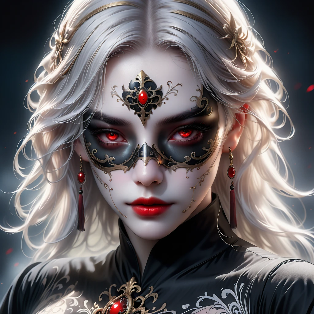 A white-haired ghost with straight hair and red eyes, wearing a hand-held mask,gothic art,fear,(best quality,4k,8k,highres,masterpiece:1.2),ultra-detailed,(realistic,photorealistic,photo-realistic:1.37),accurate portrayal of human anatomy
