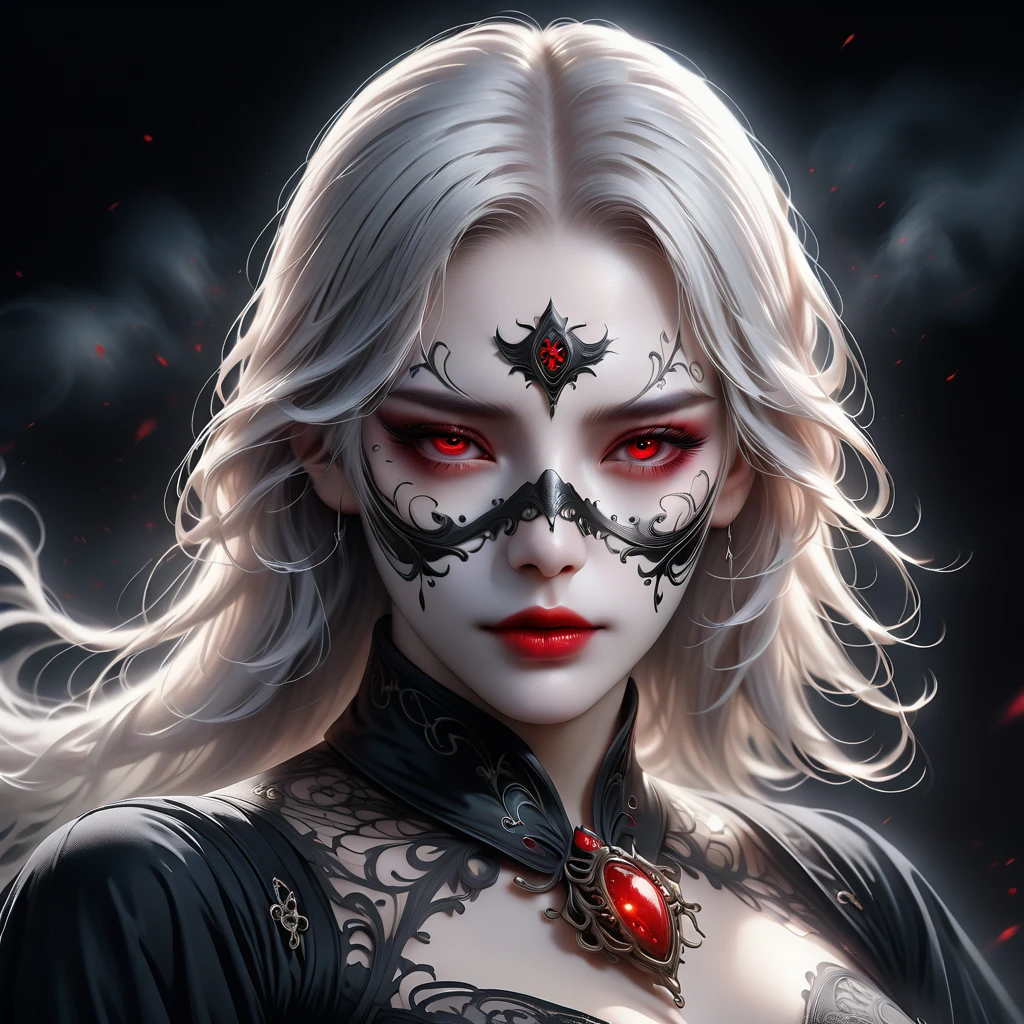 A white-haired ghost with straight hair and red eyes, wearing a hand-held mask,gothic art,fear,(best quality,4k,8k,highres,masterpiece:1.2),ultra-detailed,(realistic,photorealistic,photo-realistic:1.37),accurate portrayal of human anatomy