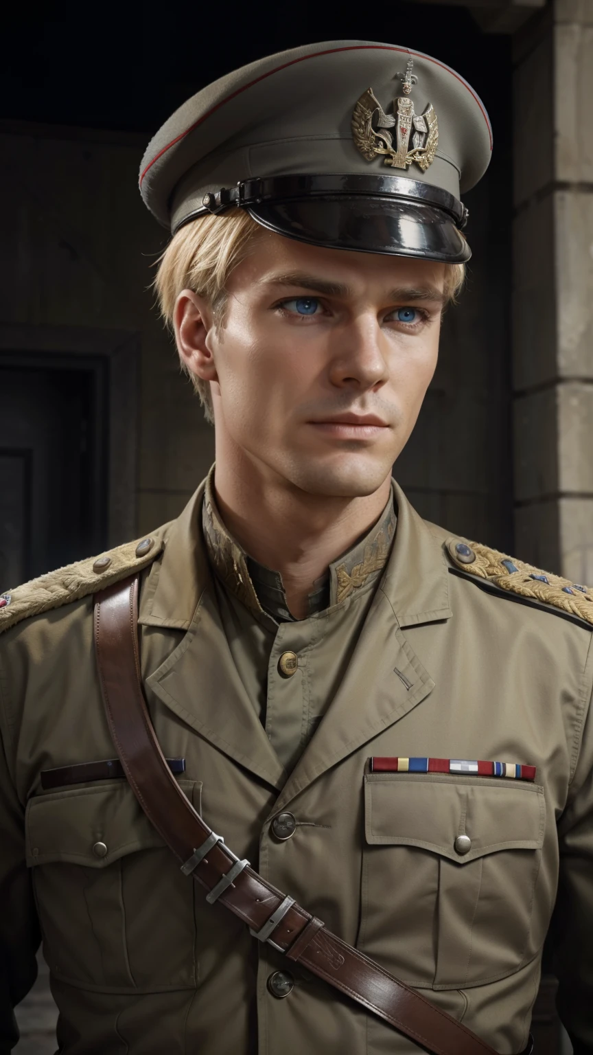 "Craft a vivid narrative depicting a strikingly handsome, blond-haired German military officer who serves as a high-ranking officer in the Waffen-SS during World War II. This officer, adorned in his grey military uniform and topped with a stern military cap, exudes an aura of chilling determination and lethal precision. His icy demeanor and merciless nature are palpable as he navigates the tumultuous landscapes of wartime Europe. Capture the essence of his presence on the battlefield, portraying both his tactical brilliance and the ferocity with which he executes his duties. Explore the complexities of his character, delving into the moral ambiguity that comes with his allegiance and actions within the context of history's most tumultuous conflict." uper fine face, super fine eyes, super fine nose, super fine mouth, perfect face, blue eyes