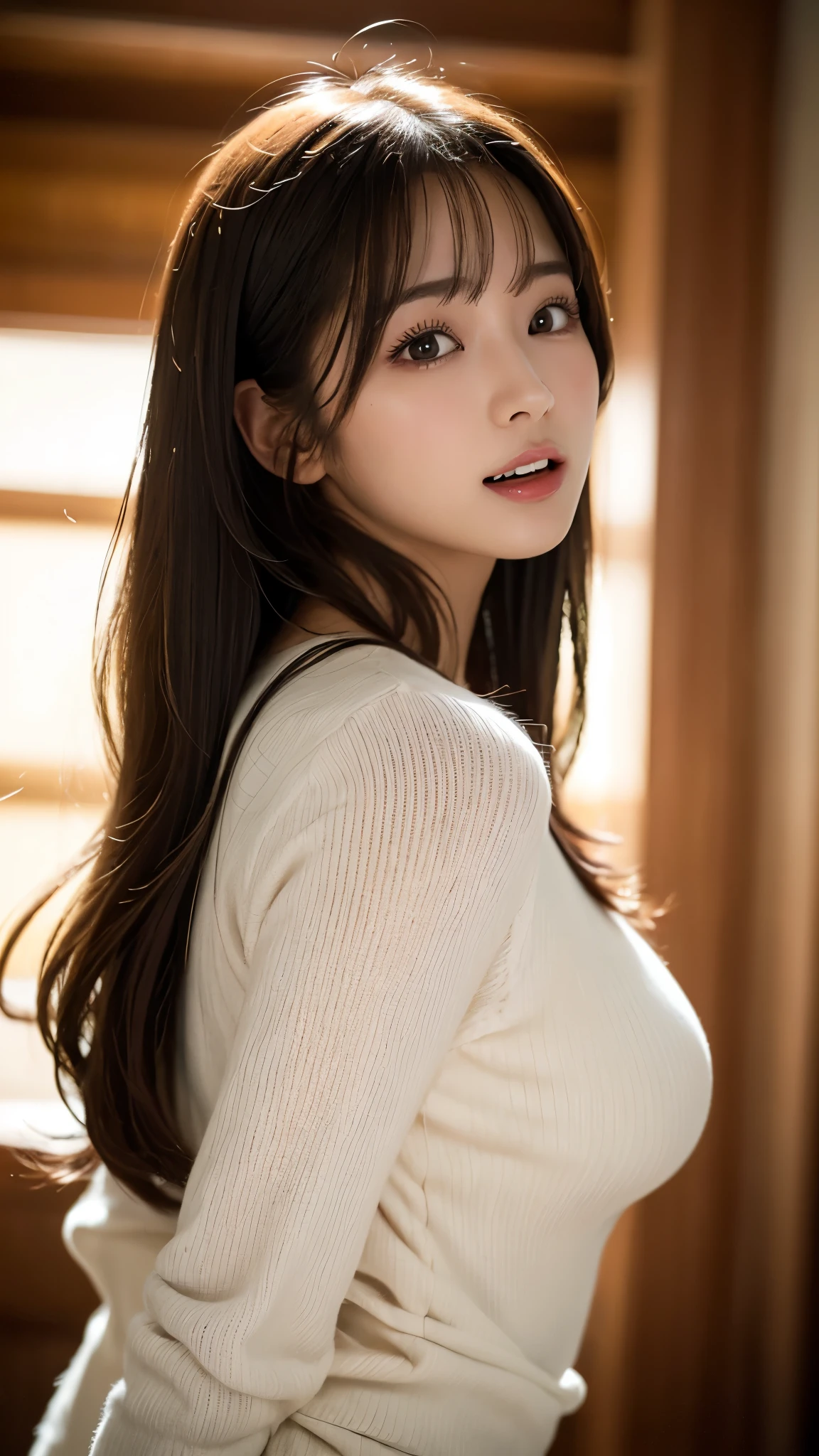 Tabletop, highest quality, figure, Very detailed, In detail, High resolution, 8k wallpaper, Perfect dynamic composition, Beautiful fine details, Natural Lip, long sleeve black knit dress, Small breasts, ランダムにcuteポーズ,RAW Photos,KPOP idol faces,cute,Face close-up,BREAK ceremony,((Random sexy poses、put in、Deep joy, Ecstatic eyes:1.2)), ((I gasp hard:1.2))、Ecstatic face、Climax expression, Through clenched teeth、My whole body is convulsing、Official Art,Very detailed CG Unity 8k 壁紙, (masterpiece:1.0),(highest quality:1.0), photo shoot, 8k, Browsing Caution, High resolution, Kodak Portrait 400, Film Grain, Lens flare brilliance,Very low camera angle, View your viewers, look back