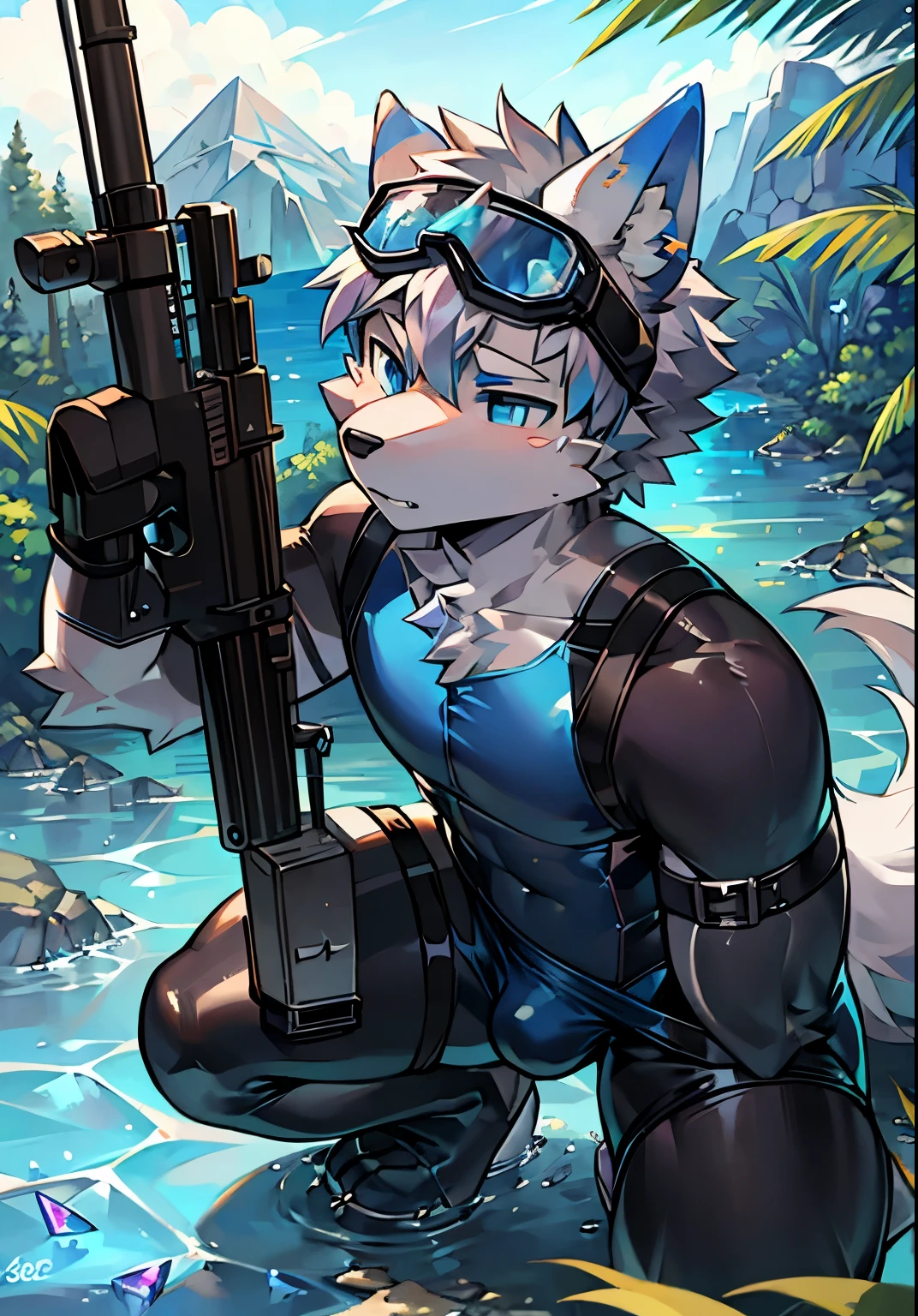 Furry,wolf boy,White fur,crystal blue eyes,Single fluffy tail,greyt hair,short detailed hair,summer day,dive,Wear diving goggles,masculine features,Squat,asshole,bulge,Sexy latex swimsuit,(warrior),Tactical clothing,rifle,Soldier,arms
